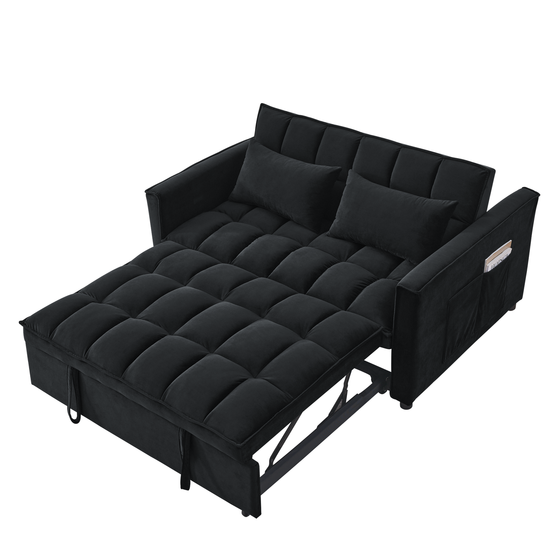 Sleeper Sofa, Convertible Sofa, Recliner, Bed, 3 In 1, 3 Position Adjustable Backrest, 2 Seater Sectional, Two Side Pockets, 2 Pillows For Living Room, Apartment, Etc., Velvet Black 54" Wide. Black Foam Velvet