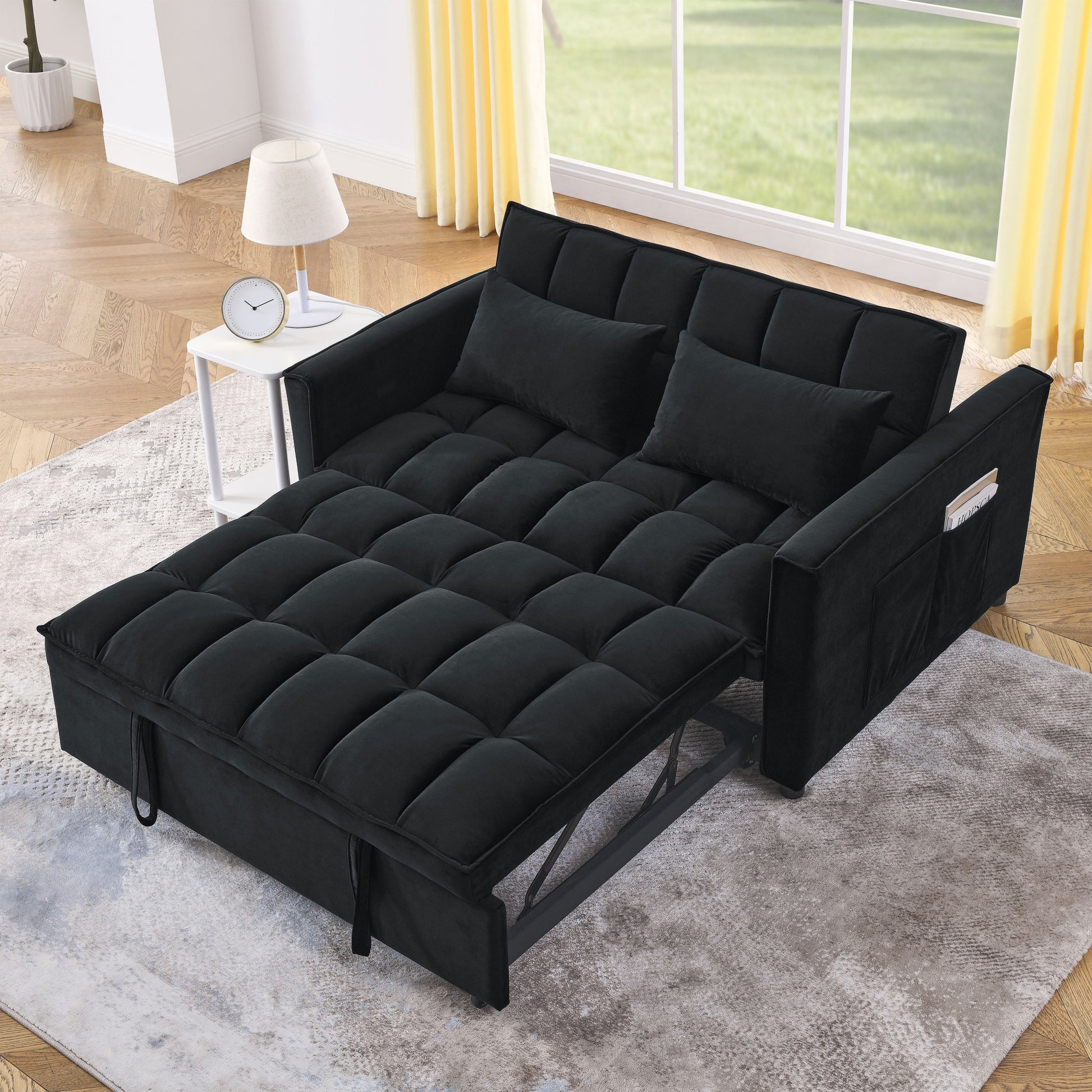 Sleeper Sofa, Convertible Sofa, Recliner, Bed, 3 In 1, 3 Position Adjustable Backrest, 2 Seater Sectional, Two Side Pockets, 2 Pillows For Living Room, Apartment, Etc., Velvet Black 54" Wide. Black Foam Velvet