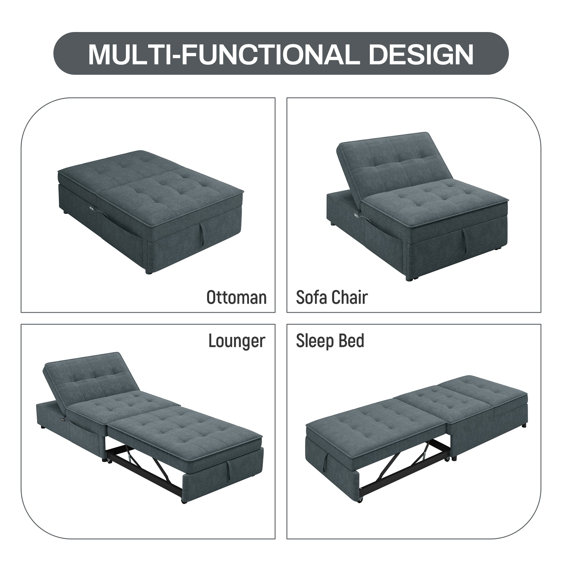 4 In 1 Sofa Bed, Chair Bed, Multi Function Folding Ottoman Bed With Storage Pocket And Usb Port For Small Room Apartment,Living Room,Bedroom,Hallway, Deep Blue Dark Blue Primary Living Space Linen