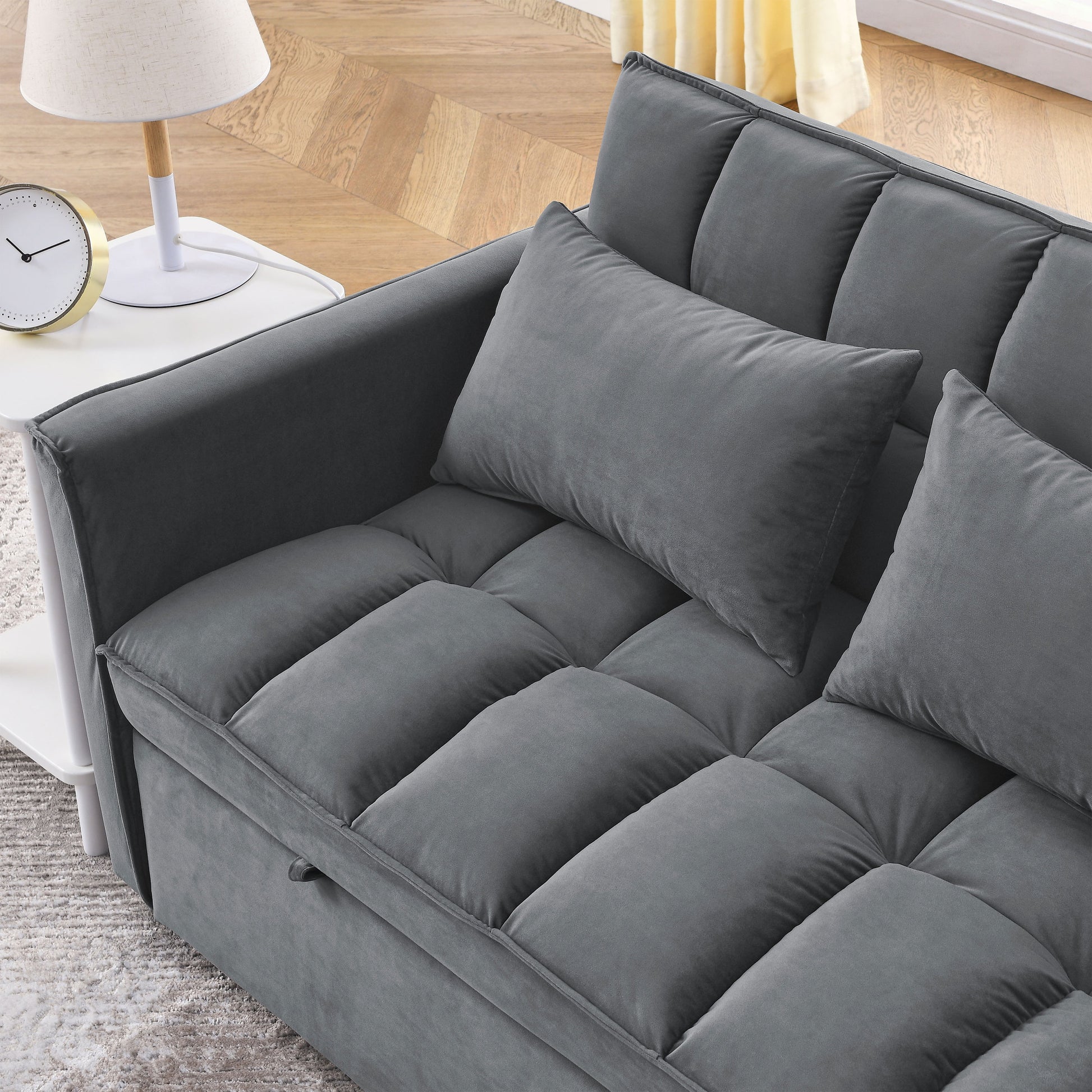 Sleeper Sofa, Convertible Sofa, Recliner, Bed, 3 In 1, 3 Position Adjustable Backrest, 2 Seater Sectional, Two Side Pockets, 2 Pillows For Living Room, Apartment, Etc., Velvet Beige 54" Wide. Grey Foam Velvet 2 Seat
