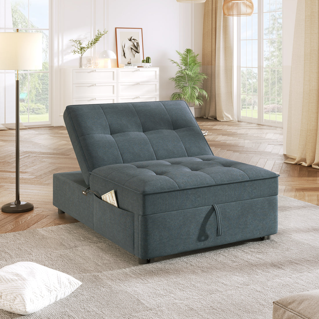 4 In 1 Sofa Bed, Chair Bed, Multi Function Folding Ottoman Bed With Storage Pocket And Usb Port For Small Room Apartment,Living Room,Bedroom,Hallway, Deep Blue Dark Blue Primary Living Space Linen