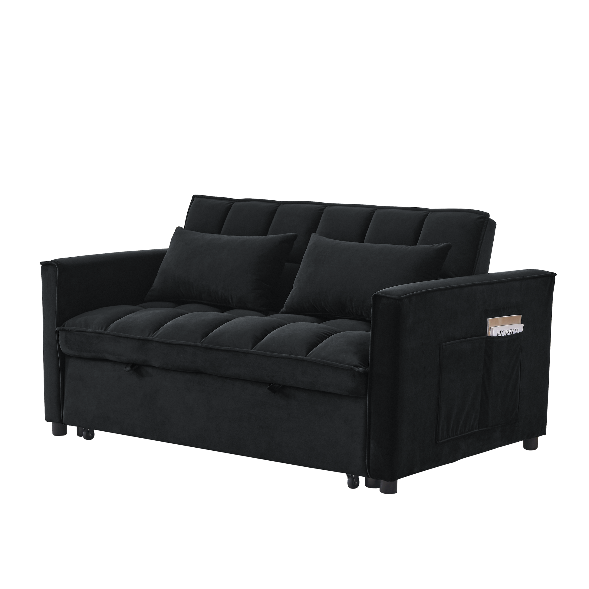 Sleeper Sofa, Convertible Sofa, Recliner, Bed, 3 In 1, 3 Position Adjustable Backrest, 2 Seater Sectional, Two Side Pockets, 2 Pillows For Living Room, Apartment, Etc., Velvet Black 54" Wide. Black Foam Velvet