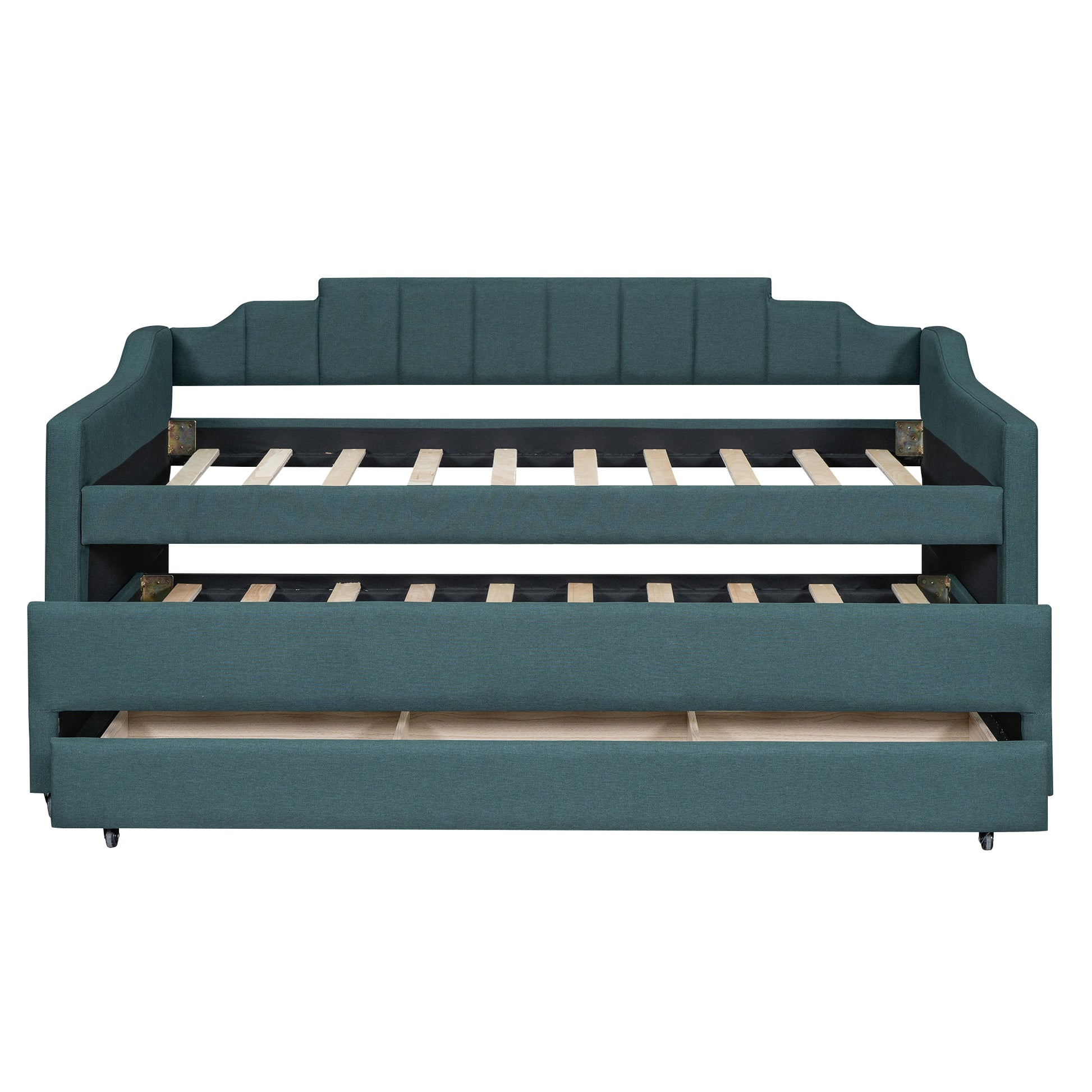 Twin Size Upholstered Daybed With Trundle And Three Drawers,Green Twin Green Linen