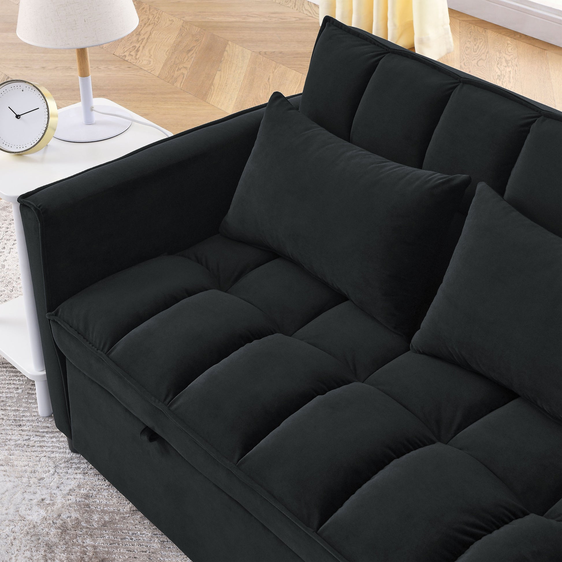 Sleeper Sofa, Convertible Sofa, Recliner, Bed, 3 In 1, 3 Position Adjustable Backrest, 2 Seater Sectional, Two Side Pockets, 2 Pillows For Living Room, Apartment, Etc., Velvet Black 54" Wide. Black Foam Velvet