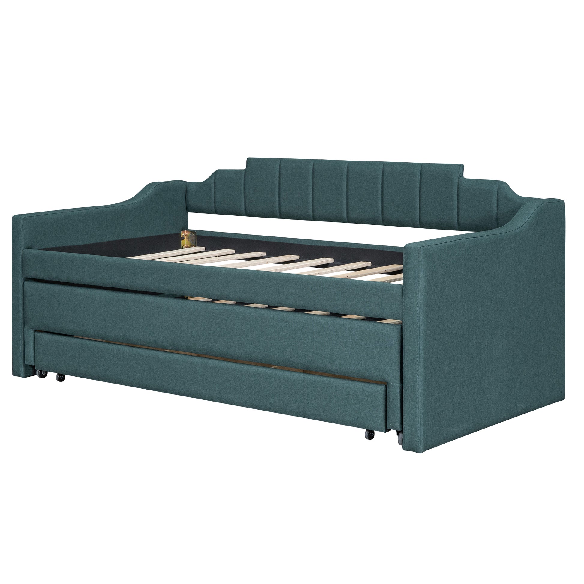 Twin Size Upholstered Daybed With Trundle And Three Drawers,Green Twin Green Linen
