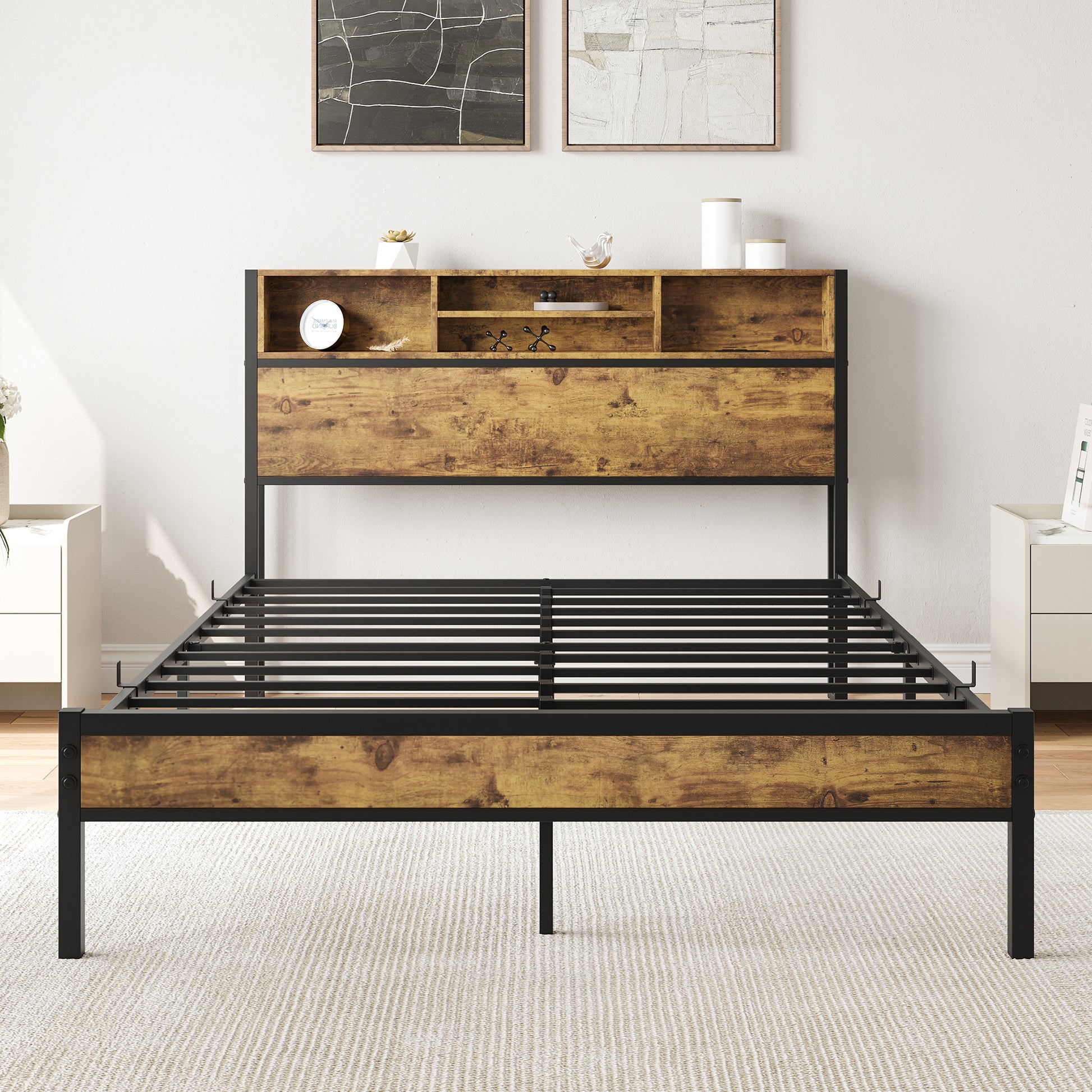 Full Size Bed Frame With Storage Headboard, Metal Platform Bed With Charging Station, Bookcase Storage, No Box Spring Needed, Easy Assembly, Noise Free, Black Box Spring Not Required Full Black Iron