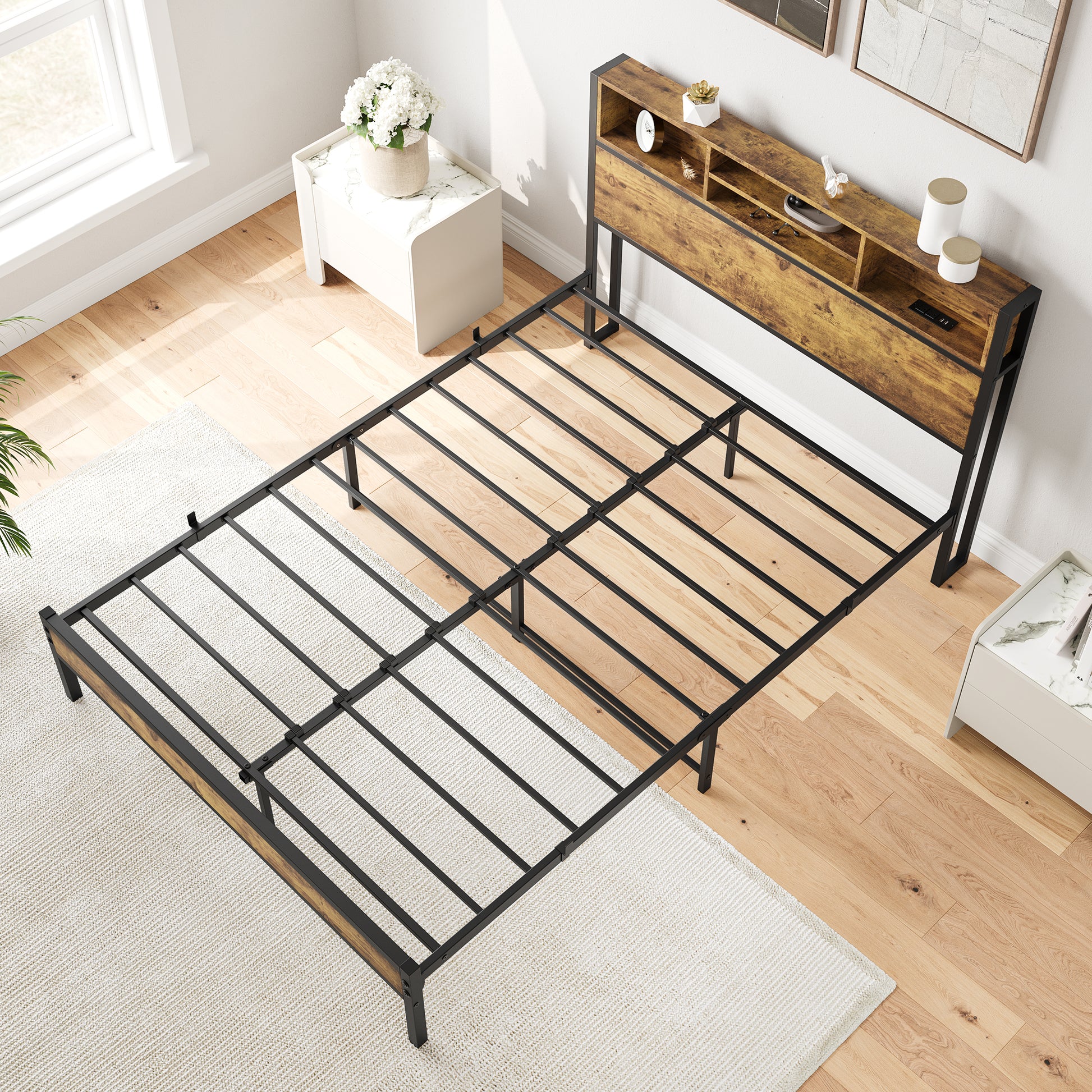 Full Size Bed Frame With Storage Headboard, Metal Platform Bed With Charging Station, Bookcase Storage, No Box Spring Needed, Easy Assembly, Noise Free, Black Box Spring Not Required Full Black Iron