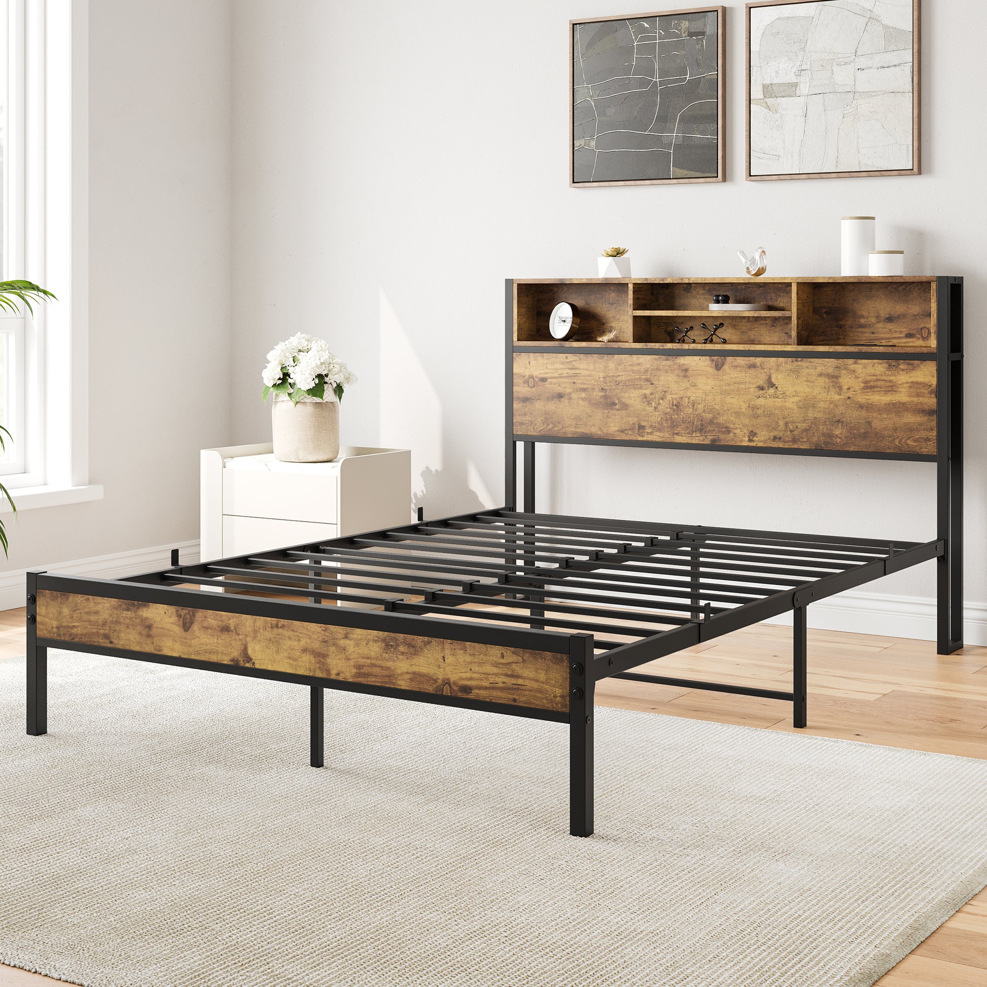 Full Size Bed Frame With Storage Headboard, Metal Platform Bed With Charging Station, Bookcase Storage, No Box Spring Needed, Easy Assembly, Noise Free, Black Box Spring Not Required Full Black Iron