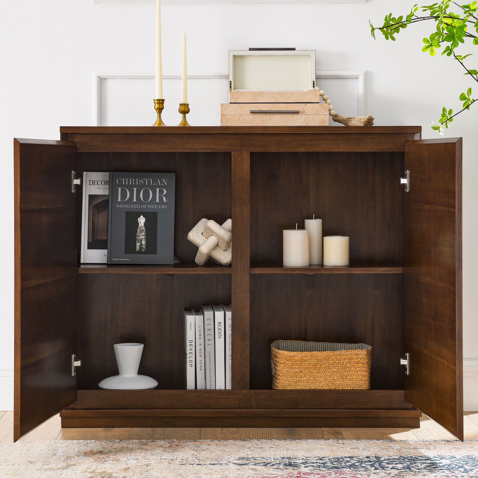 Walnut Colored Sideboard, Buffet Cabinet With 2 Outlet Holes, Storage Cabinet For Entryway, Hallway, Living Room, Kitchen, Dining Room, Bedroom, 39" 9.25" 32.63" 1 2 Shelves Walnut Brown Primary Living Space Mdf
