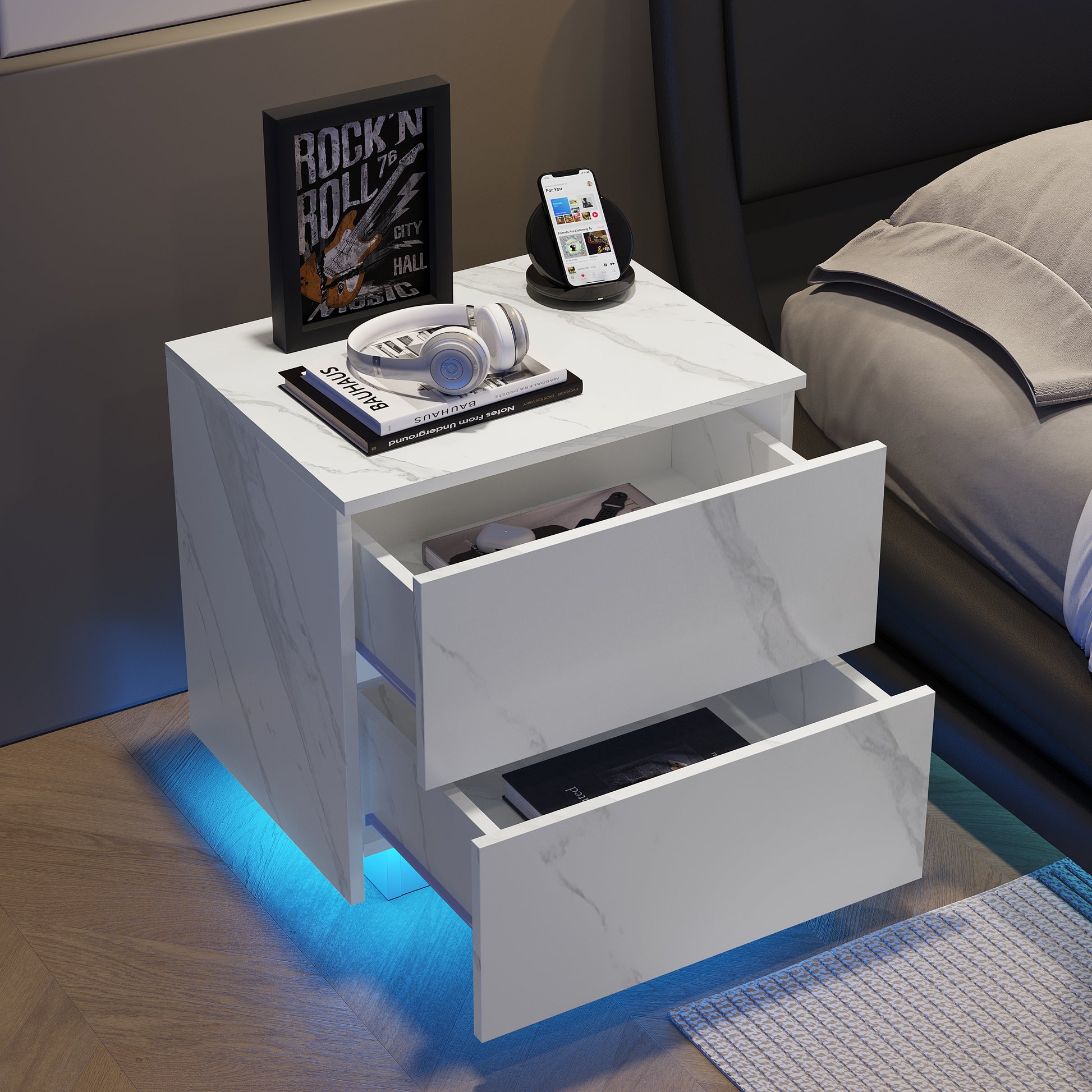 Nightstands Led Side Tables Bedroom Modern End Tables With 2 Drawers For Living Room Bedroom White White White 2 Drawers Bedroom Rectangle American Design,American Traditional,Boho,Casual,French Walnut Easy Assembly Walnut Abs Engineered Wood