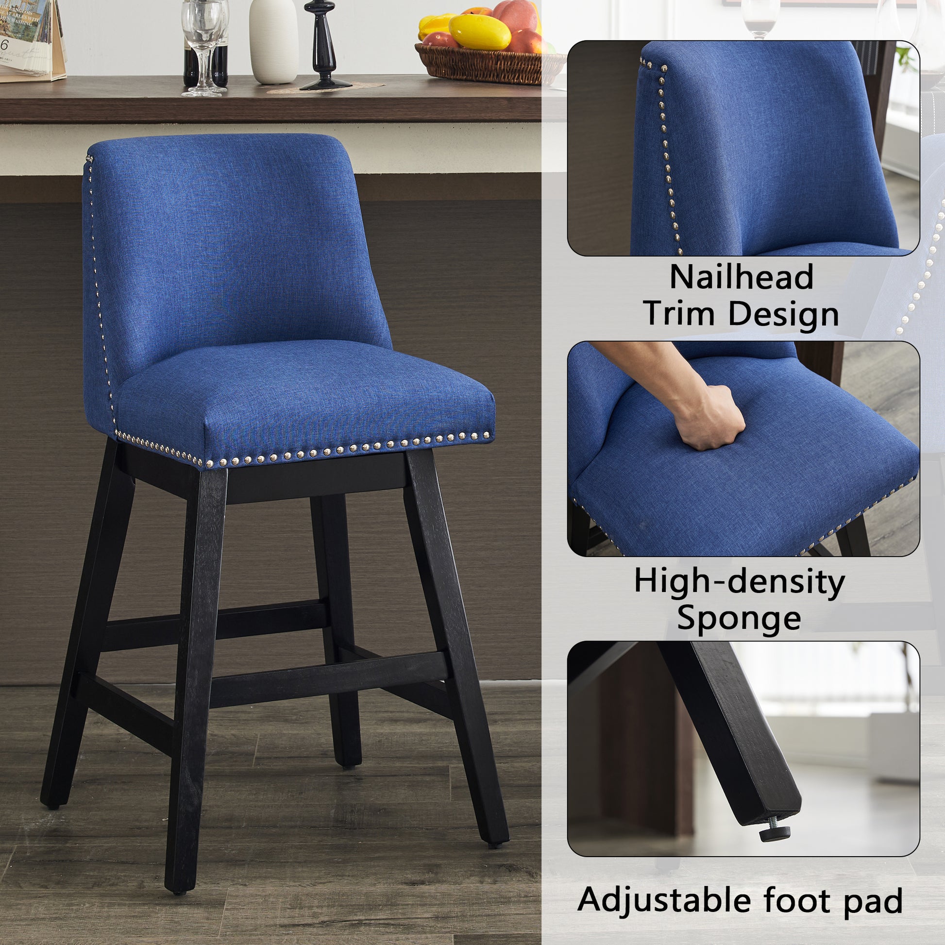 26" Upholstered Swivel Bar Stools Set Of 2, Modern Linen Fabric High Back Counter Stools With Nail Head Design And Wood Frame Rubberwood Dark Blue Brown Dining Room Sponge American Traditional Bar Stools Rubberwood Upholstered Fabric