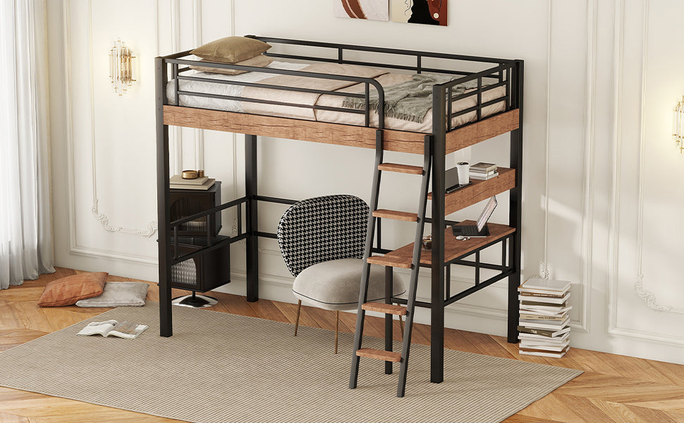 Metal Twin Size Loft Bed With Built In Desk, Storage Shelf And Ladder, Black Box Spring Not Required Black Metal Metal & Wood