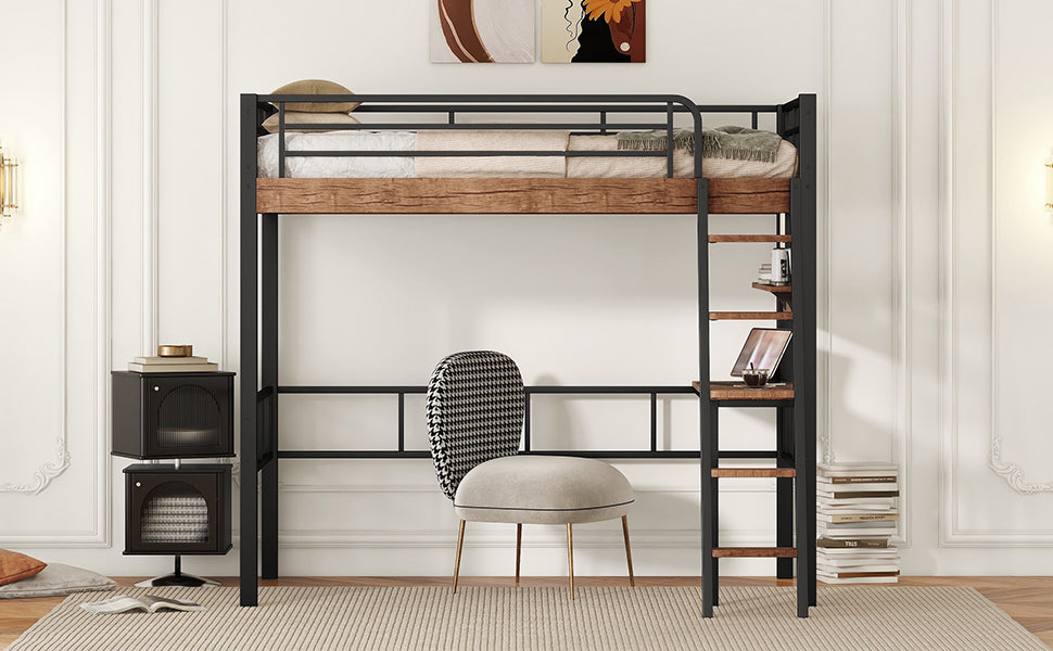 Metal Twin Size Loft Bed With Built In Desk, Storage Shelf And Ladder, Black Box Spring Not Required Black Metal Metal & Wood