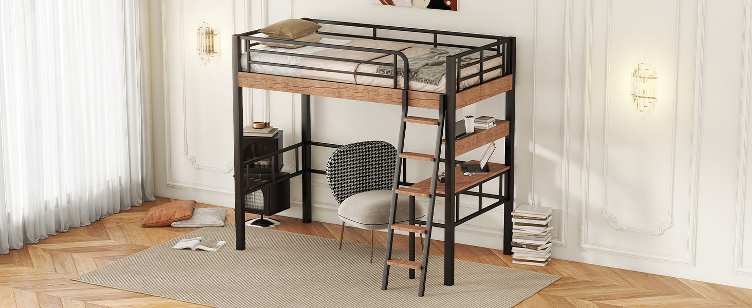 Metal Twin Size Loft Bed With Built In Desk, Storage Shelf And Ladder, Black Box Spring Not Required Black Metal Metal & Wood