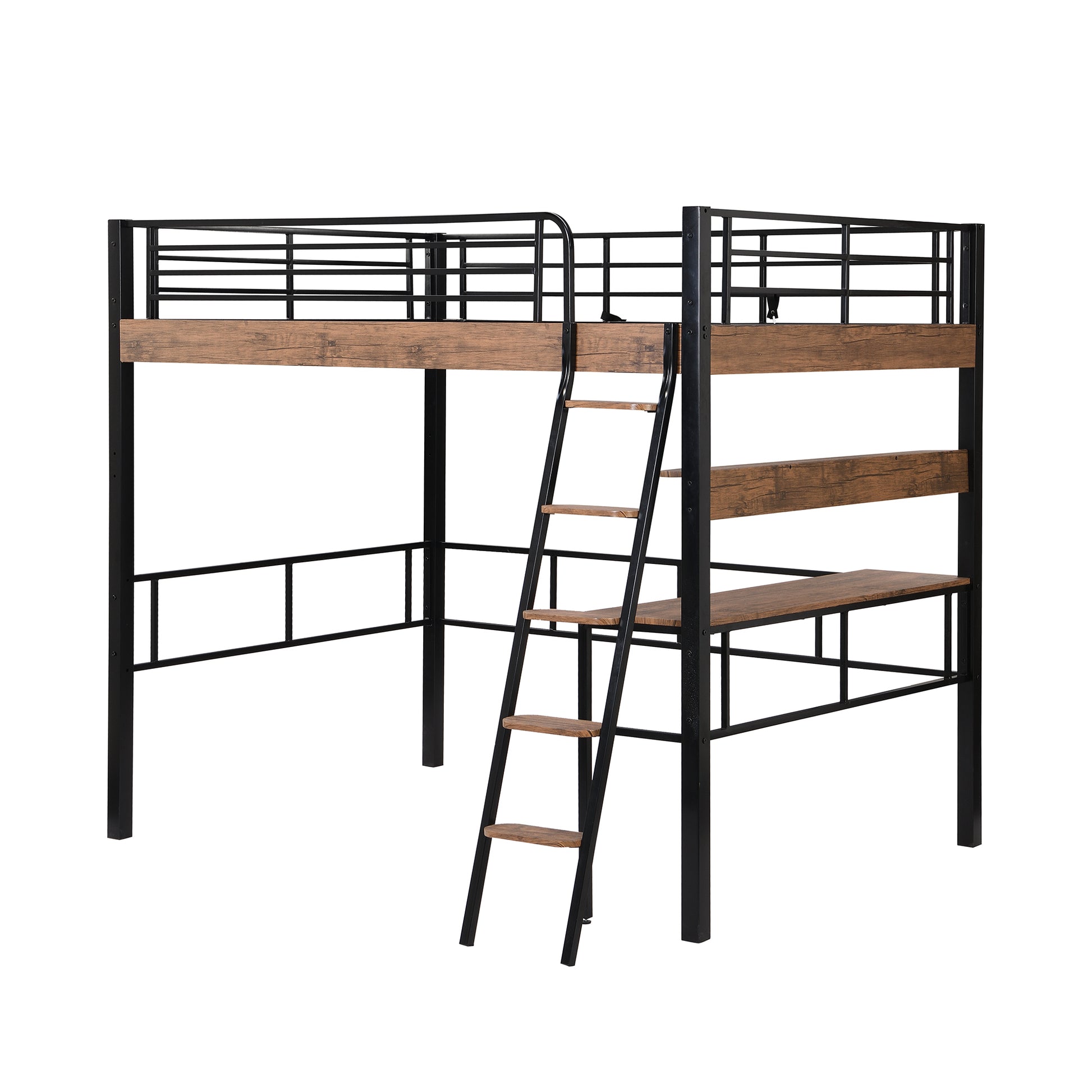 Metal Full Size Loft Bed With Built In Desk, Storage Shelf And Ladder, Black Full Box Spring Not Required Black Metal Metal & Wood