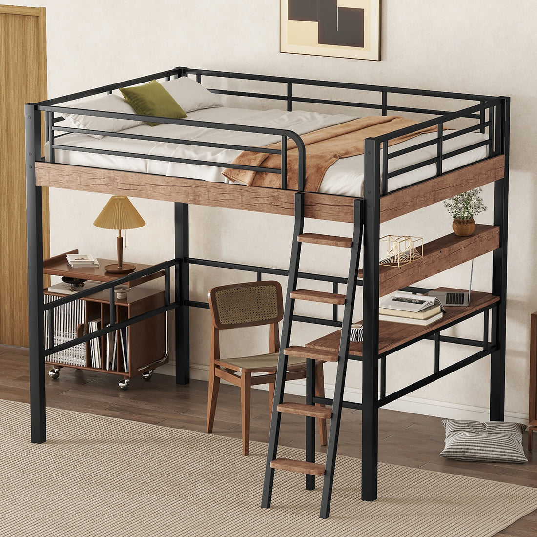 Metal Full Size Loft Bed With Built In Desk, Storage Shelf And Ladder, Black Full Box Spring Not Required Black Metal Metal & Wood