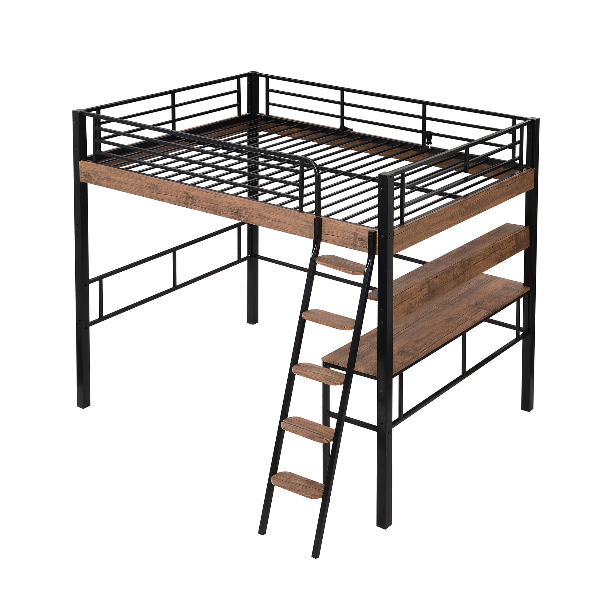 Metal Full Size Loft Bed With Built In Desk, Storage Shelf And Ladder, Black Full Box Spring Not Required Black Metal Metal & Wood
