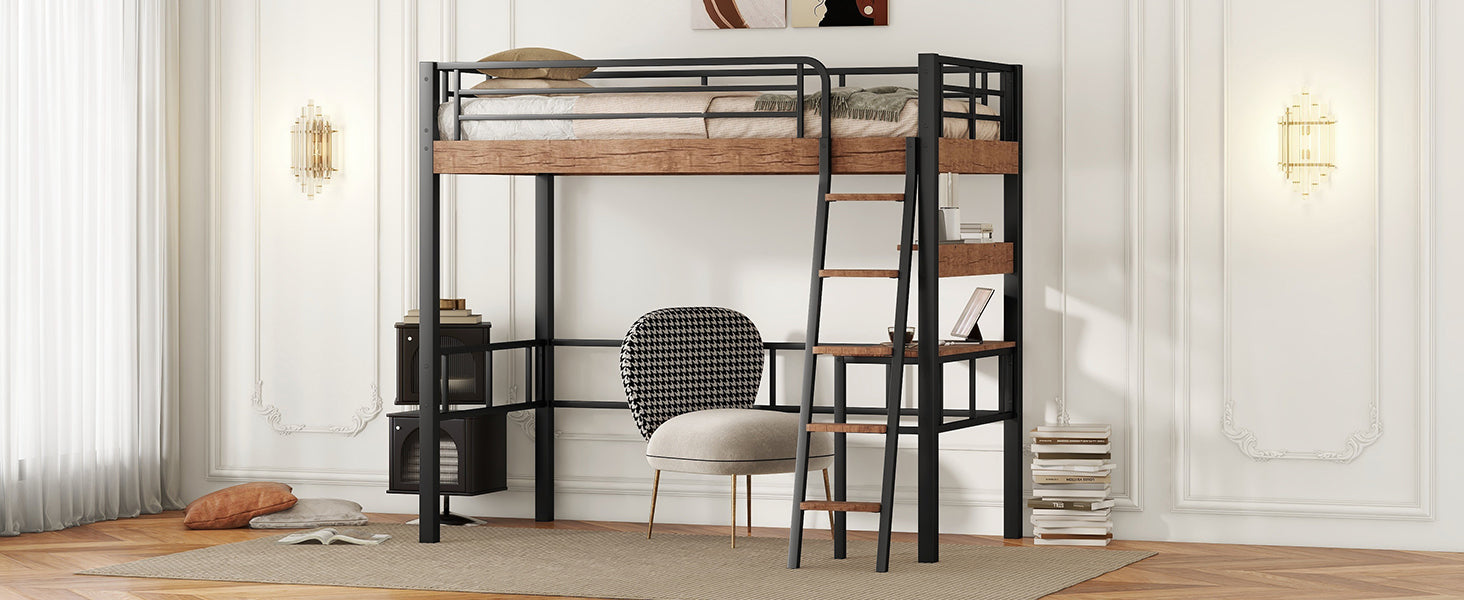 Metal Twin Size Loft Bed With Built In Desk, Storage Shelf And Ladder, Black Box Spring Not Required Black Metal Metal & Wood