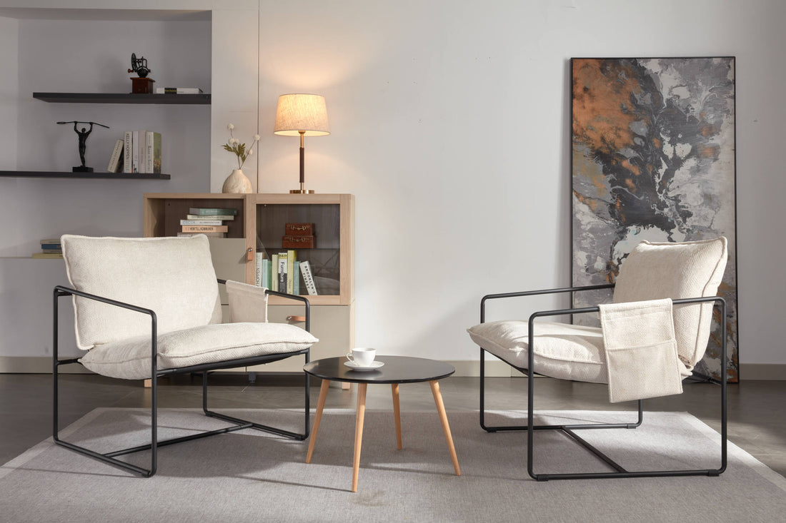 2 Chairs In 1 Box, Upholstered Hanging Armchair With Arm Pocket Metal Frame, Crushed Foam Cushions And Skin Friendly Braid For Living Room And Bedroom. Beige Color Beige Metal