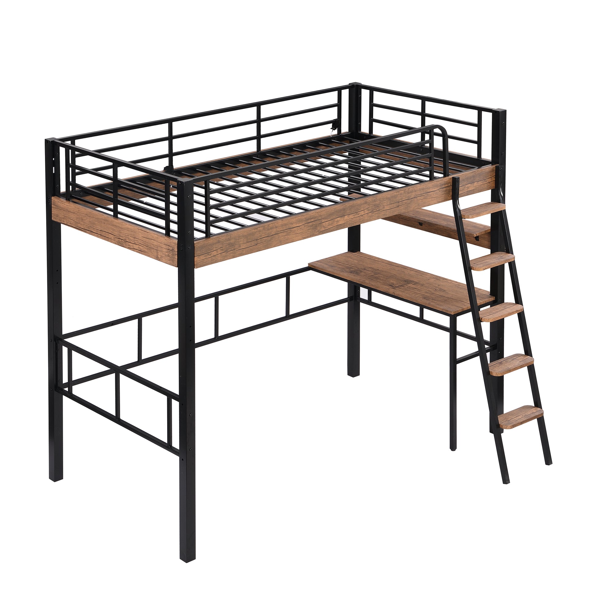 Metal Twin Size Loft Bed With Built In Desk, Storage Shelf And Ladder, Black Box Spring Not Required Black Metal Metal & Wood