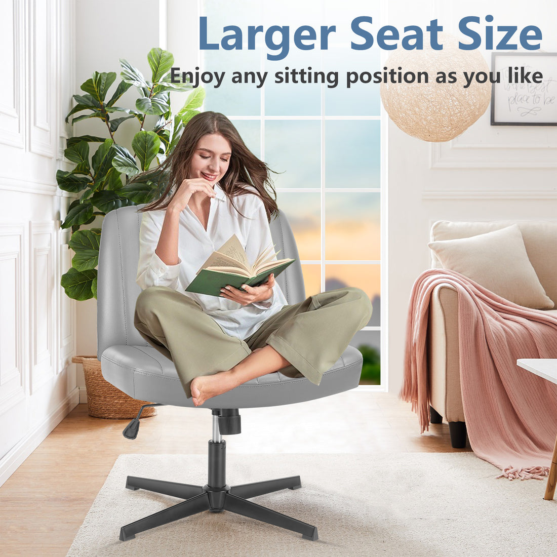 Sweetcrispy Cross Legged Chair,No Wheels Armless Swivel Home Office Chair Gray Pu Abs Rubber Steel Q235