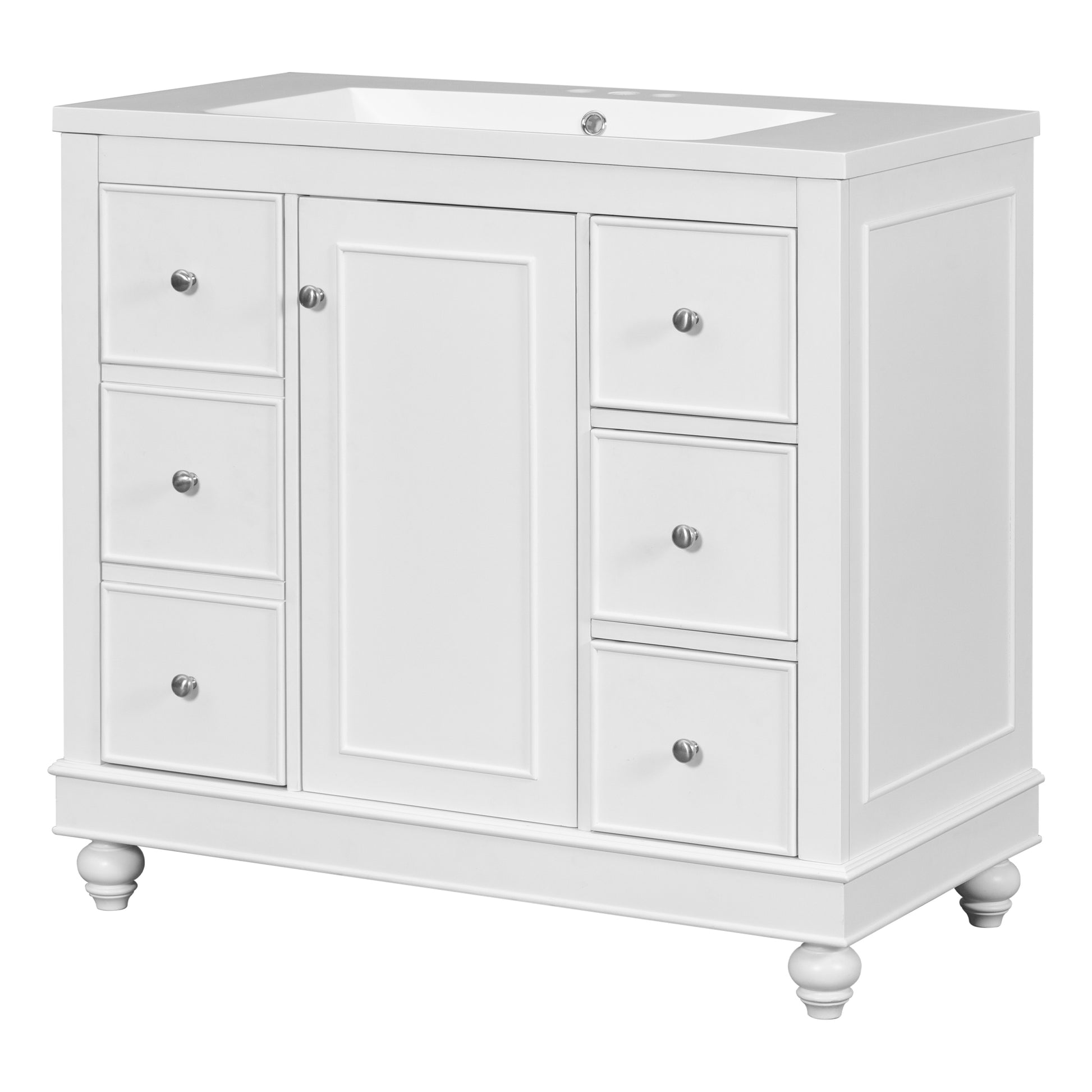 Contemporary White Bathroom Vanity Cabinet 36X18X34 Inches, 4 Drawers & 1 Cabinet Door, Multipurpose Storage, Resin Integrated Sink, Adjustable Shelves, Solid Wood Frame With Mdf White Modern Solid Wood Mdf Resin