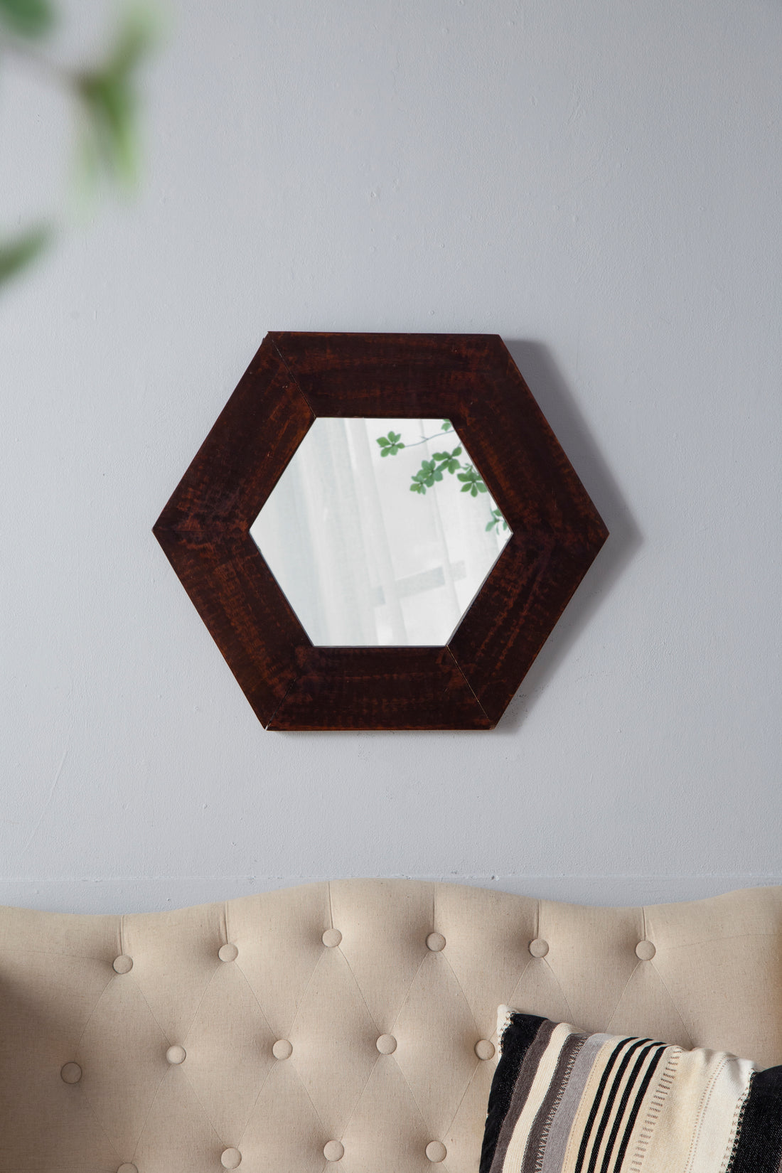18.5" X 18.5" Hexagon Mirror With Solid Wood Frame, Wall Decor For Living Room Bathroom Hallway, Dark Brown Brown Wood Glass