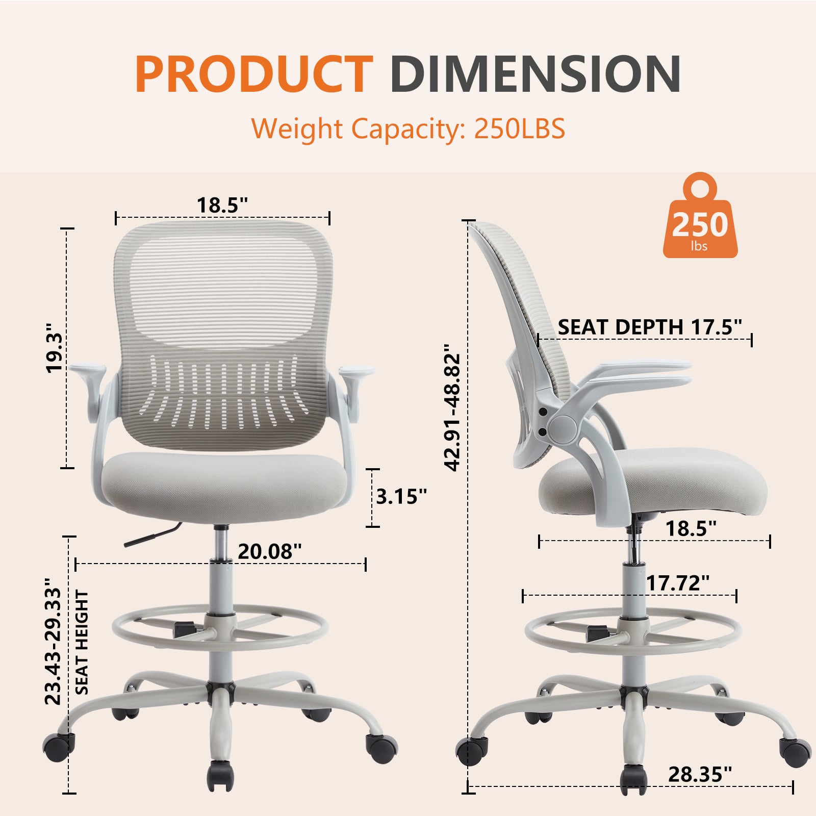 Sweetcrispy Drafting Tall Office Chair Ergonomic High Desk Chair With Flip Up Armrests Gray Nylon Mesh