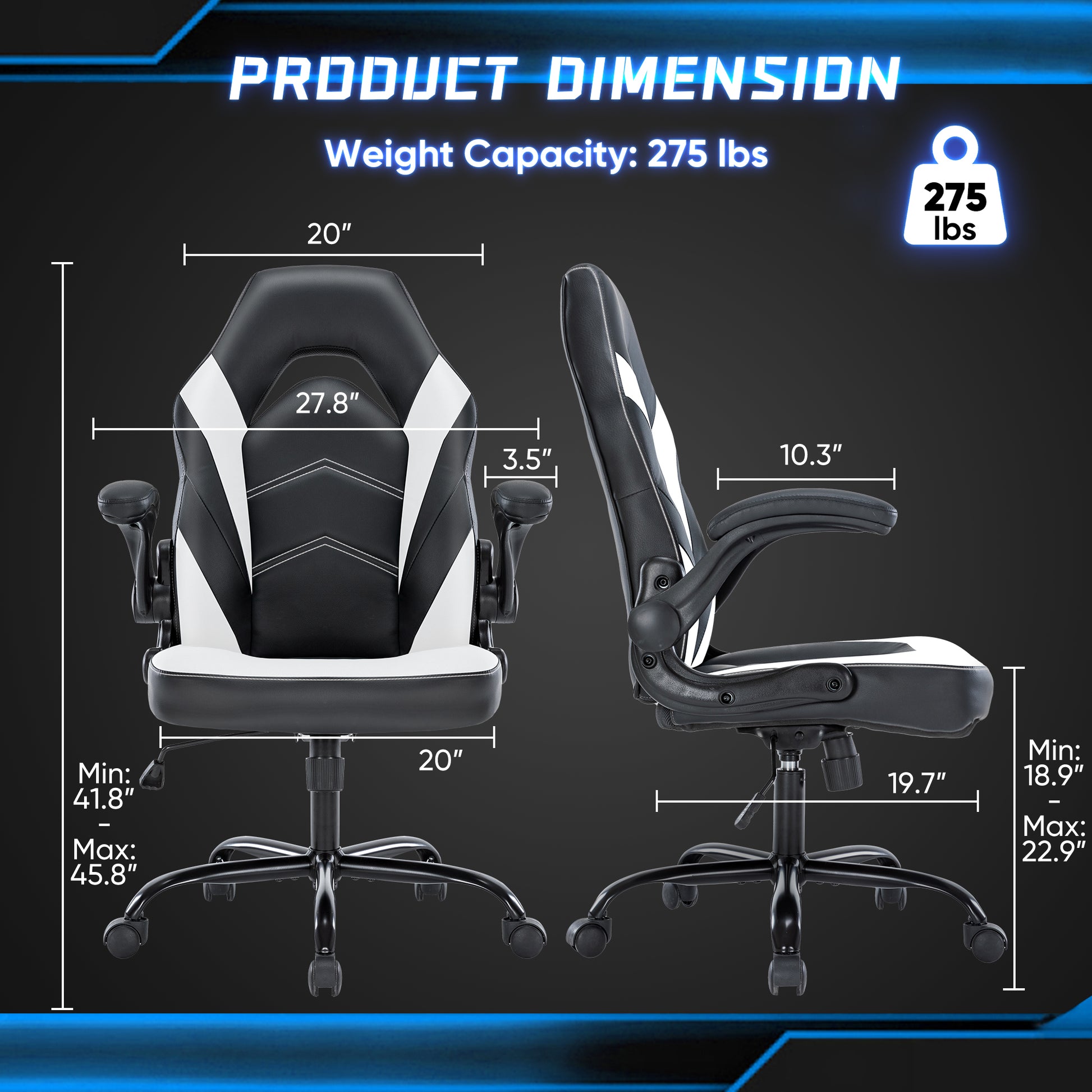 Sweetcrispy Gaming Chair Pu Leather Computer Chair Ergonomic Office Chair With Lumbar Support, Height Adjustable Rolling Desk Chairs With Flip Up Armrests Black White Pu