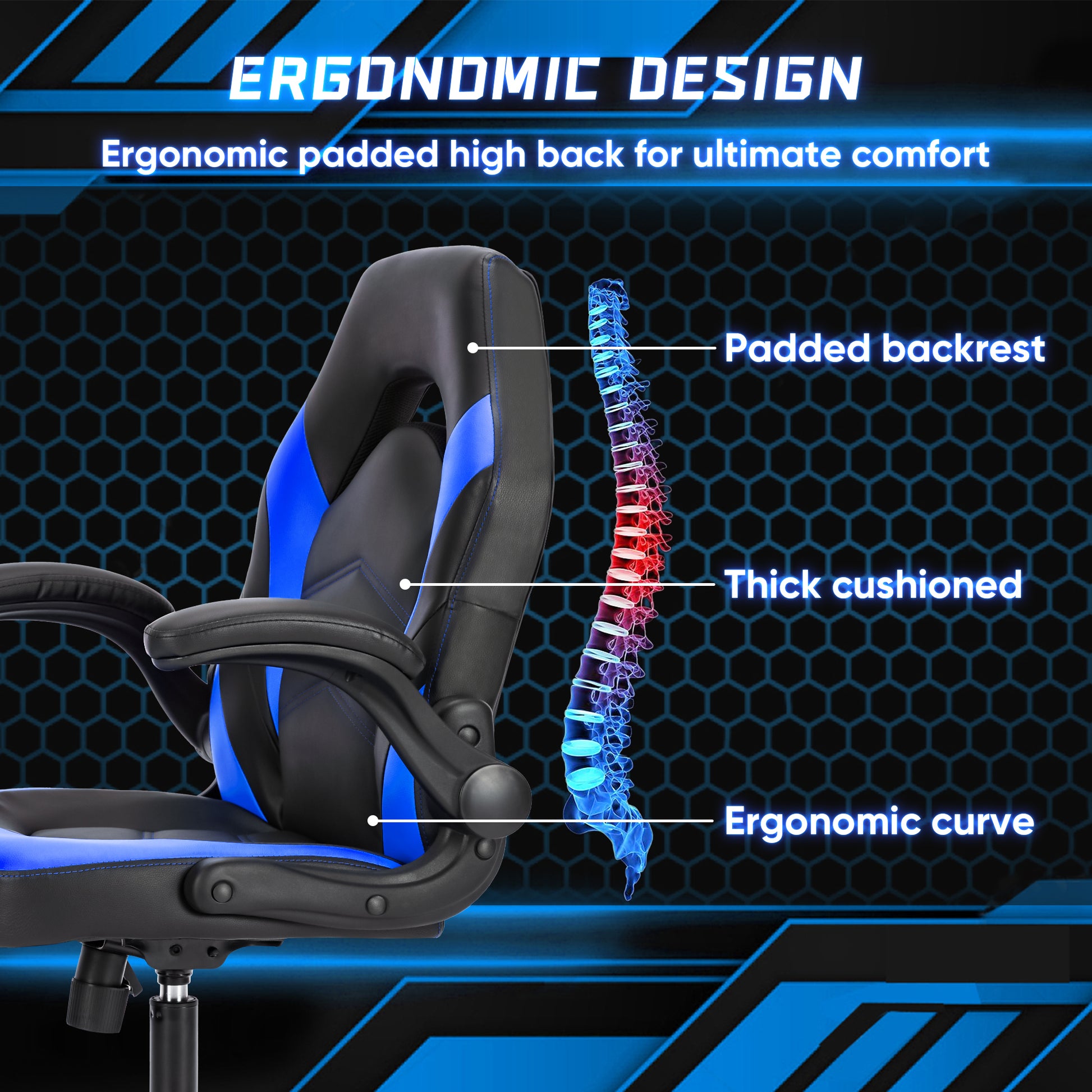 Sweetcrispy Gaming Chair Pu Leather Computer Chair Ergonomic Office Chair With Lumbar Support, Height Adjustable Rolling Desk Chairs With Flip Up Armrests Black Blue Pu