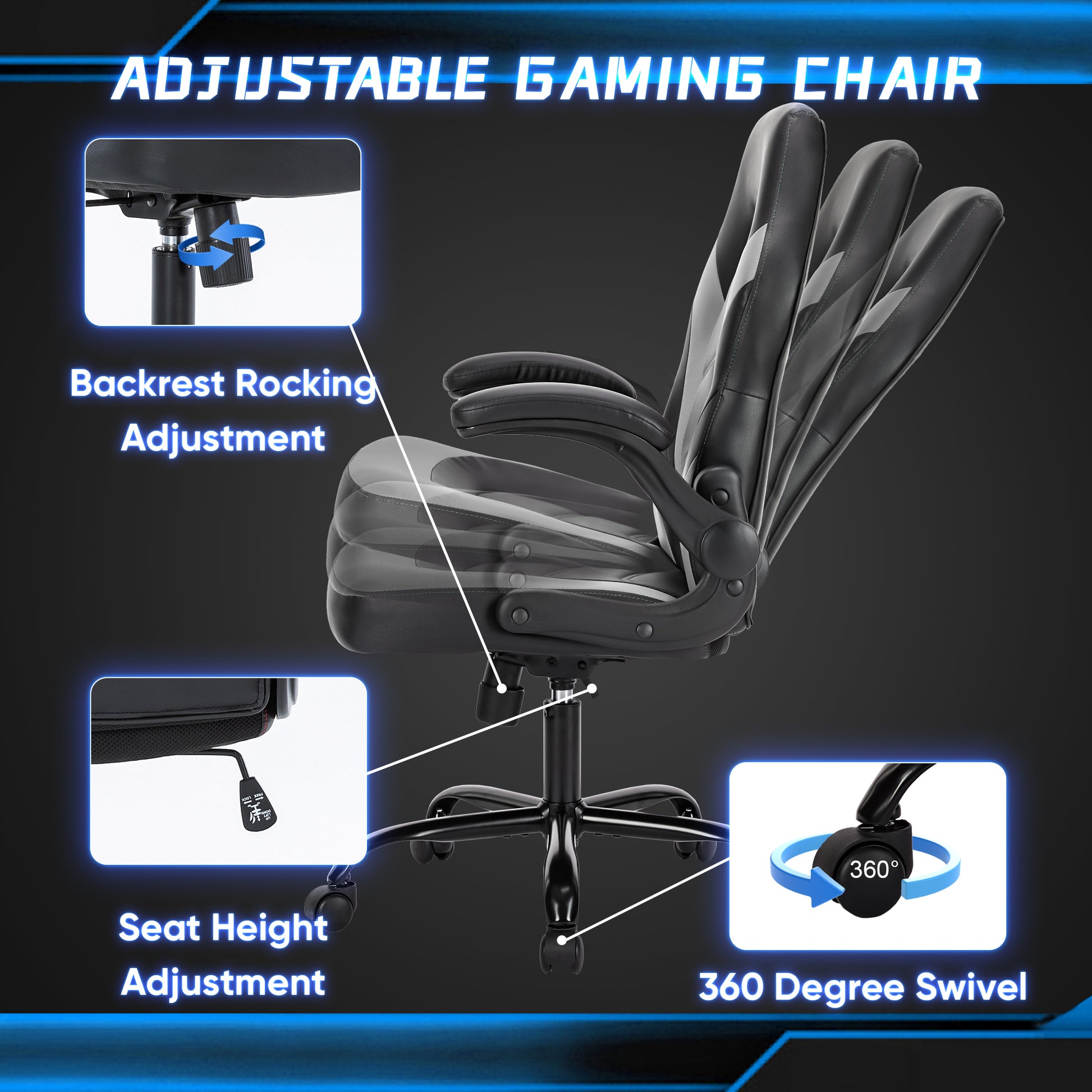 Sweetcrispy Gaming Chair Pu Leather Computer Chair Ergonomic Office Chair With Lumbar Support, Height Adjustable Rolling Desk Chairs With Flip Up Armrests Black Gray Pu