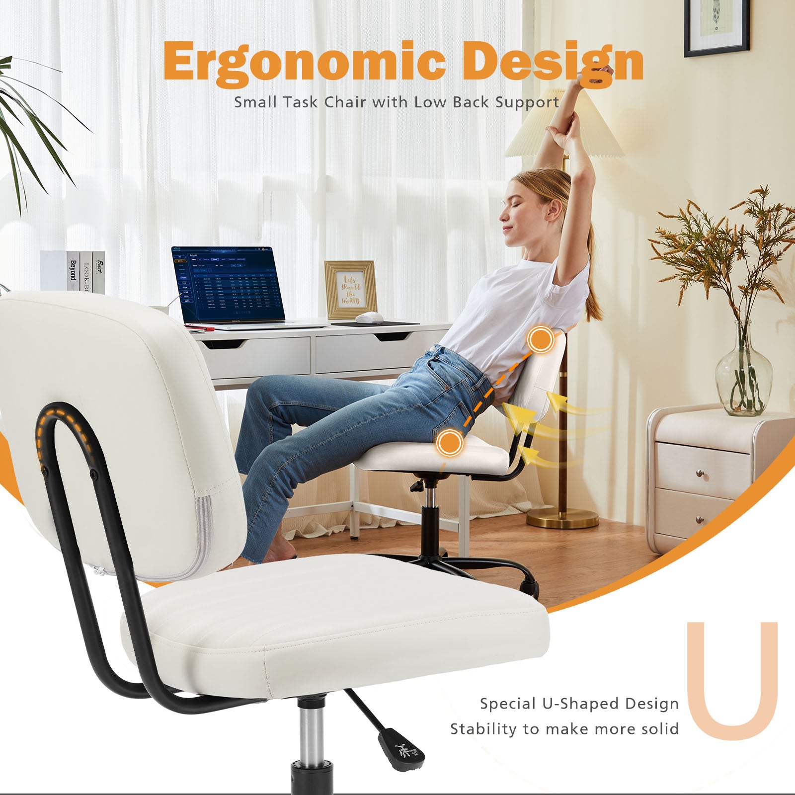 Sweetcrispy Pu Leather Low Back Task Chair Small Home Office Chair With Wheels White Abs Rubber Steel Q235