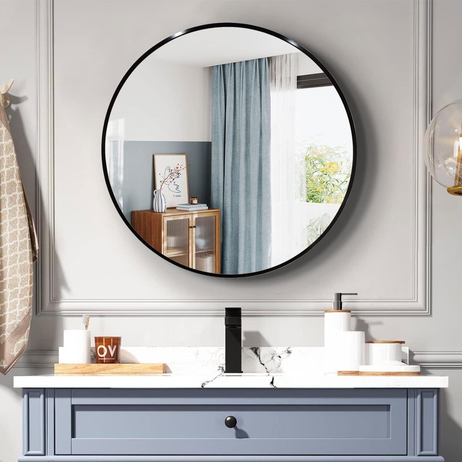 Black 36 Inch Metal Round Bathroom Mirror Black Classic Mdf Glass Aluminium Alloy