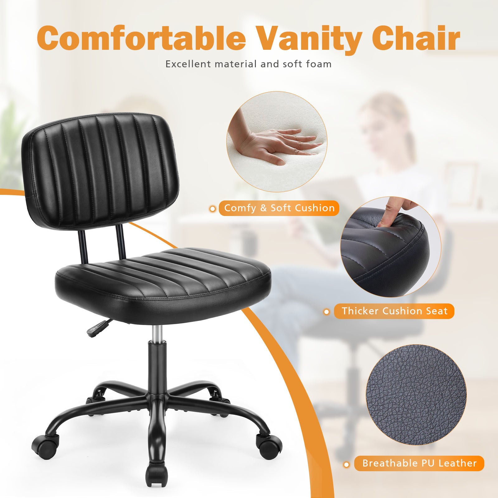 Sweetcrispy Pu Leather Low Back Task Chair Small Home Office Chair With Wheels Black Abs Rubber Steel Q235