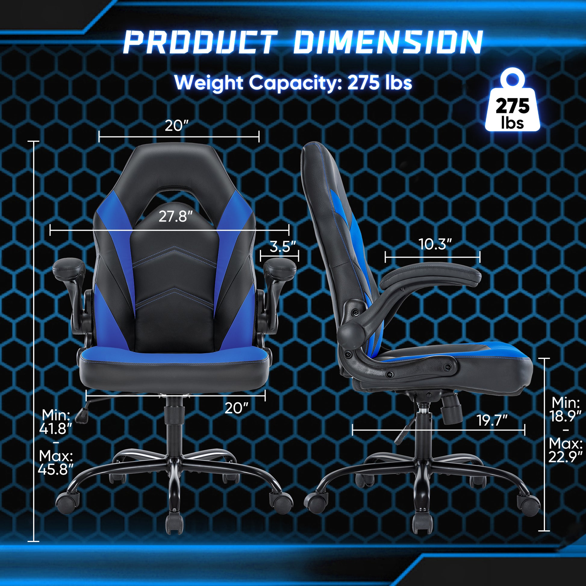 Sweetcrispy Gaming Chair Pu Leather Computer Chair Ergonomic Office Chair With Lumbar Support, Height Adjustable Rolling Desk Chairs With Flip Up Armrests Black Blue Pu