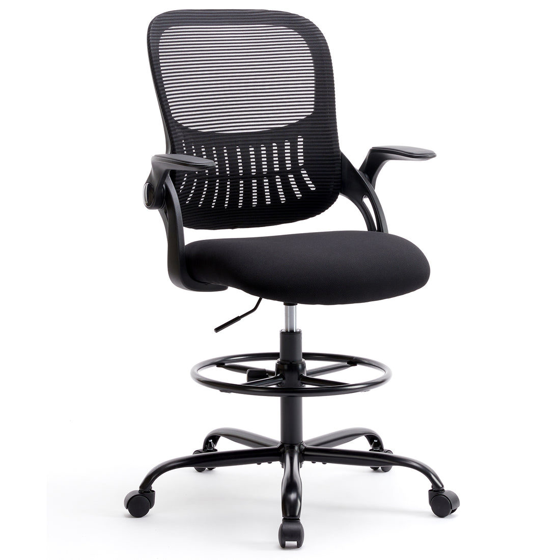 Sweetcrispy Drafting Tall Office Chair Ergonomic High Desk Chair With Flip Up Armrests Black Nylon Mesh