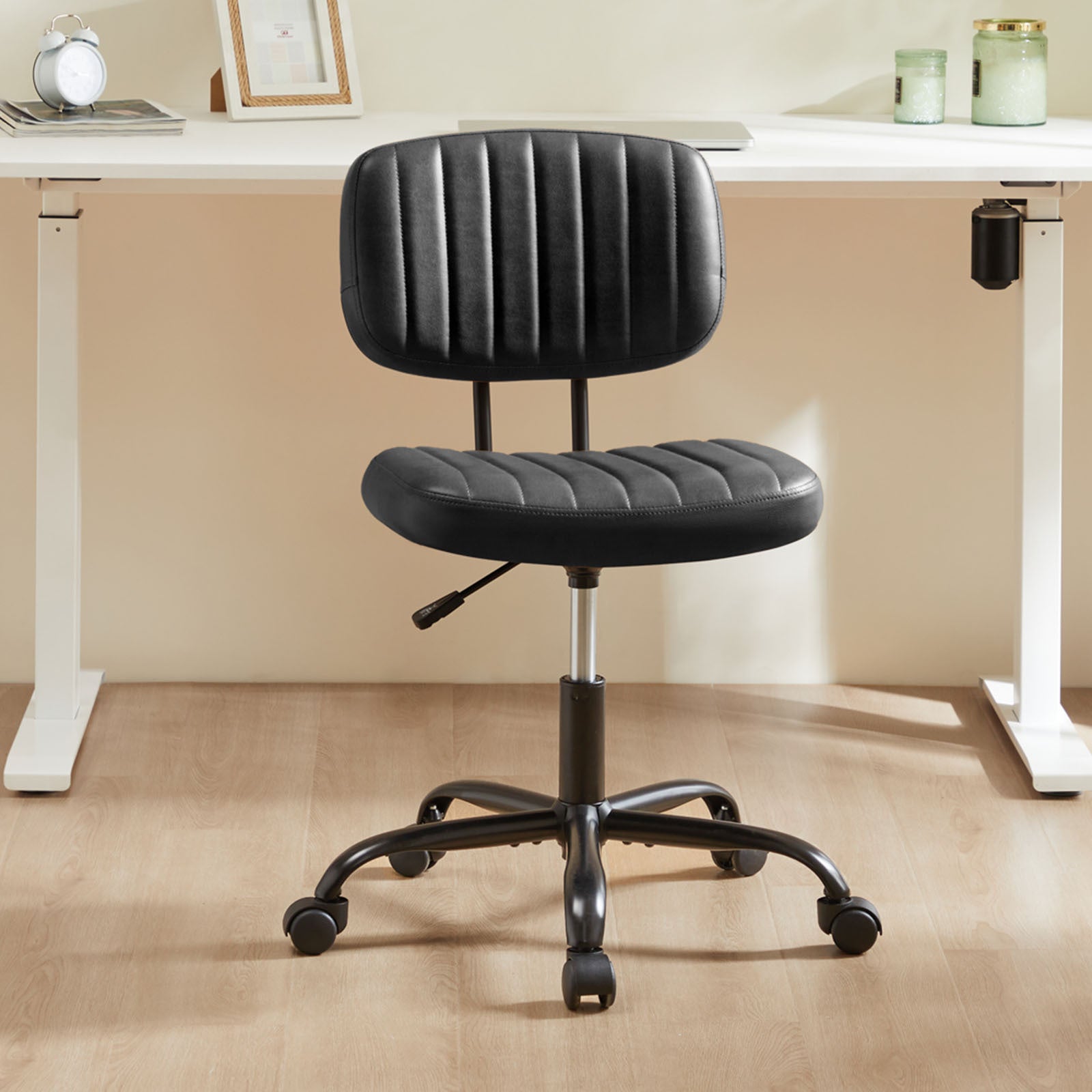 Sweetcrispy Pu Leather Low Back Task Chair Small Home Office Chair With Wheels Black Abs Rubber Steel Q235