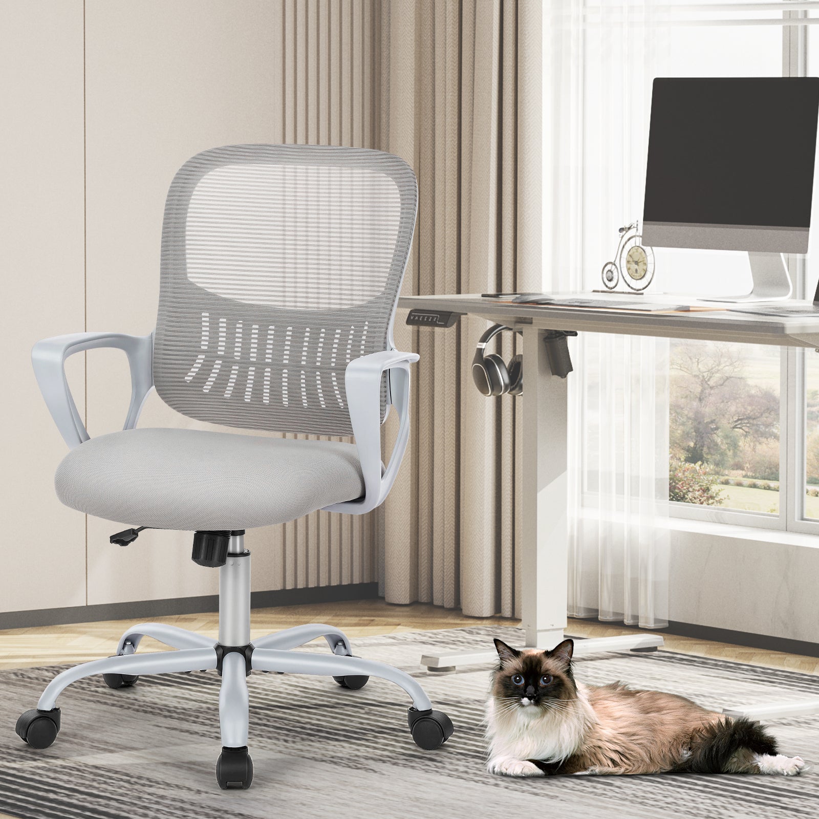 Sweetcrispy Ergonomic Office Chair Home Desk Mesh Chair With Fixed Armrest Executive Computer Chair With Soft Foam Seat Cushion Gray Nylon Mesh