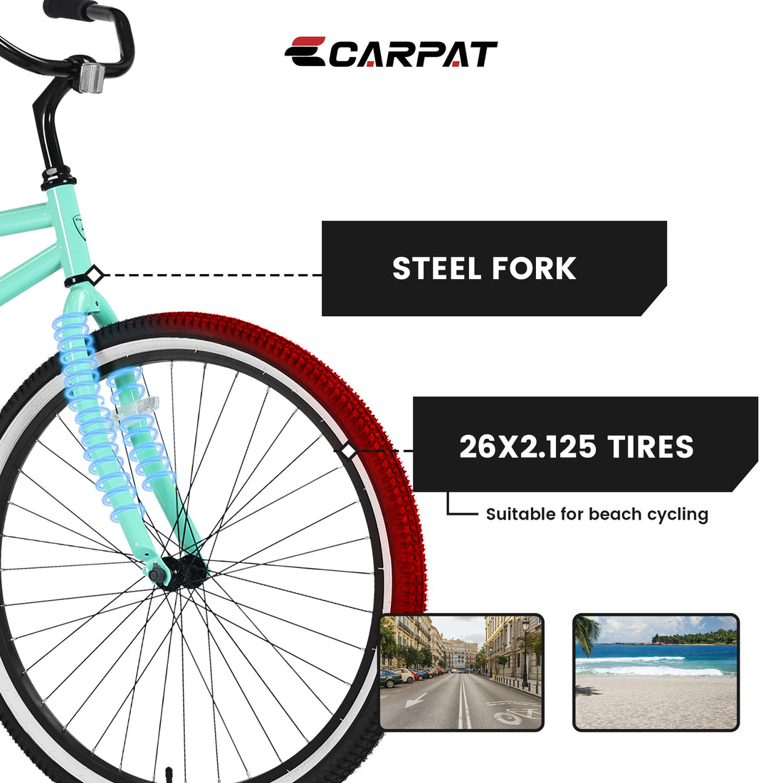 S26204 26 Inch Beach Cruiser Bike For Men And Women, Steel Frame, Single Speed Drivetrain, Upright Comfortable Rides, Multiple Colors Green Steel