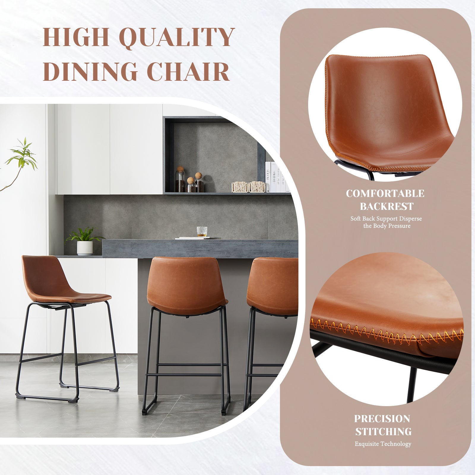 Sweetcrispy 26 Inch Counter Height Bar Stools Set Of 2 Leather Barstool With Back And Metal Leg Modern Bar Stools For Kitchen Island Pub Living Room Brown Pu