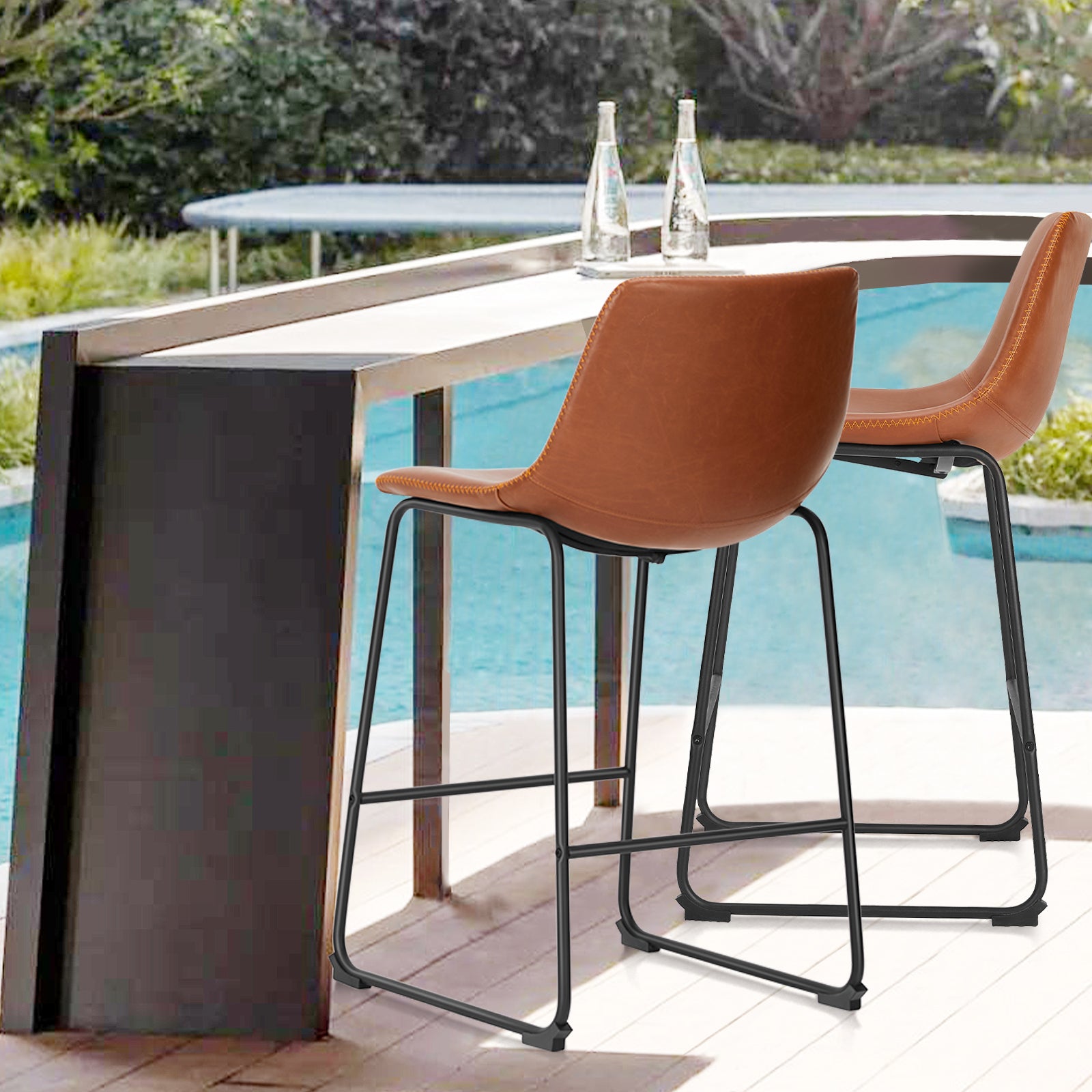 Sweetcrispy 26 Inch Counter Height Bar Stools Set Of 2 Leather Barstool With Back And Metal Leg Modern Bar Stools For Kitchen Island Pub Living Room Brown Pu