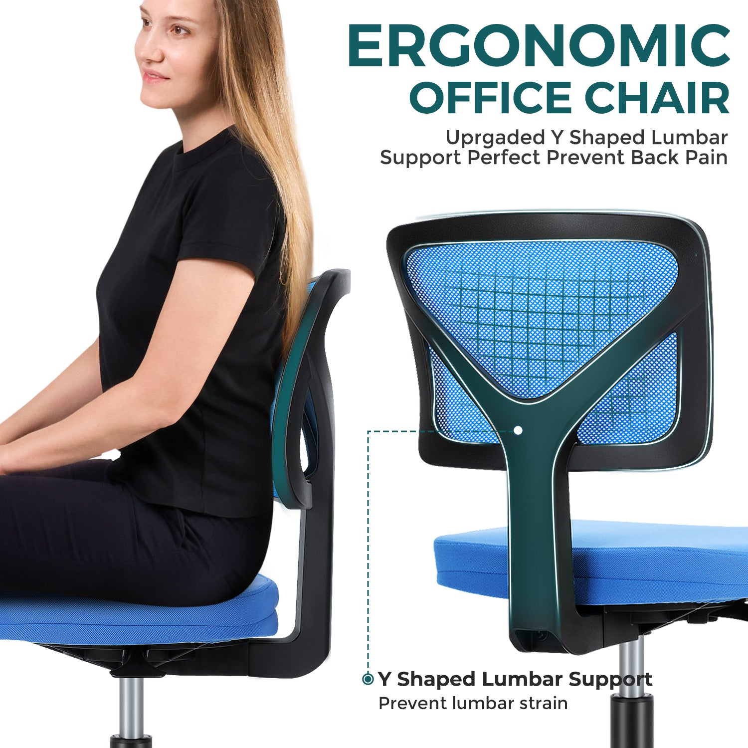 Sweetcrispy Armless Desk Chair Small Home Office Chair With Lumbar Support Blue Nylon Mesh