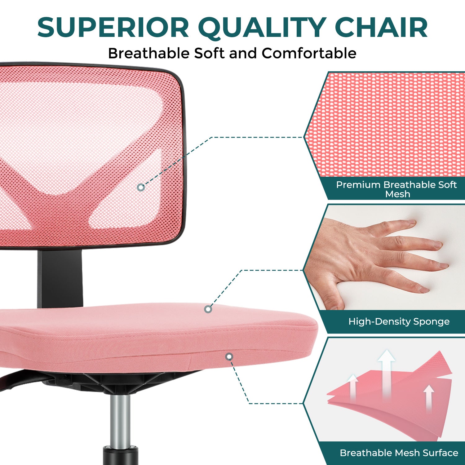 Sweetcrispy Armless Desk Chair Small Home Office Chair With Lumbar Support Pink Nylon Mesh
