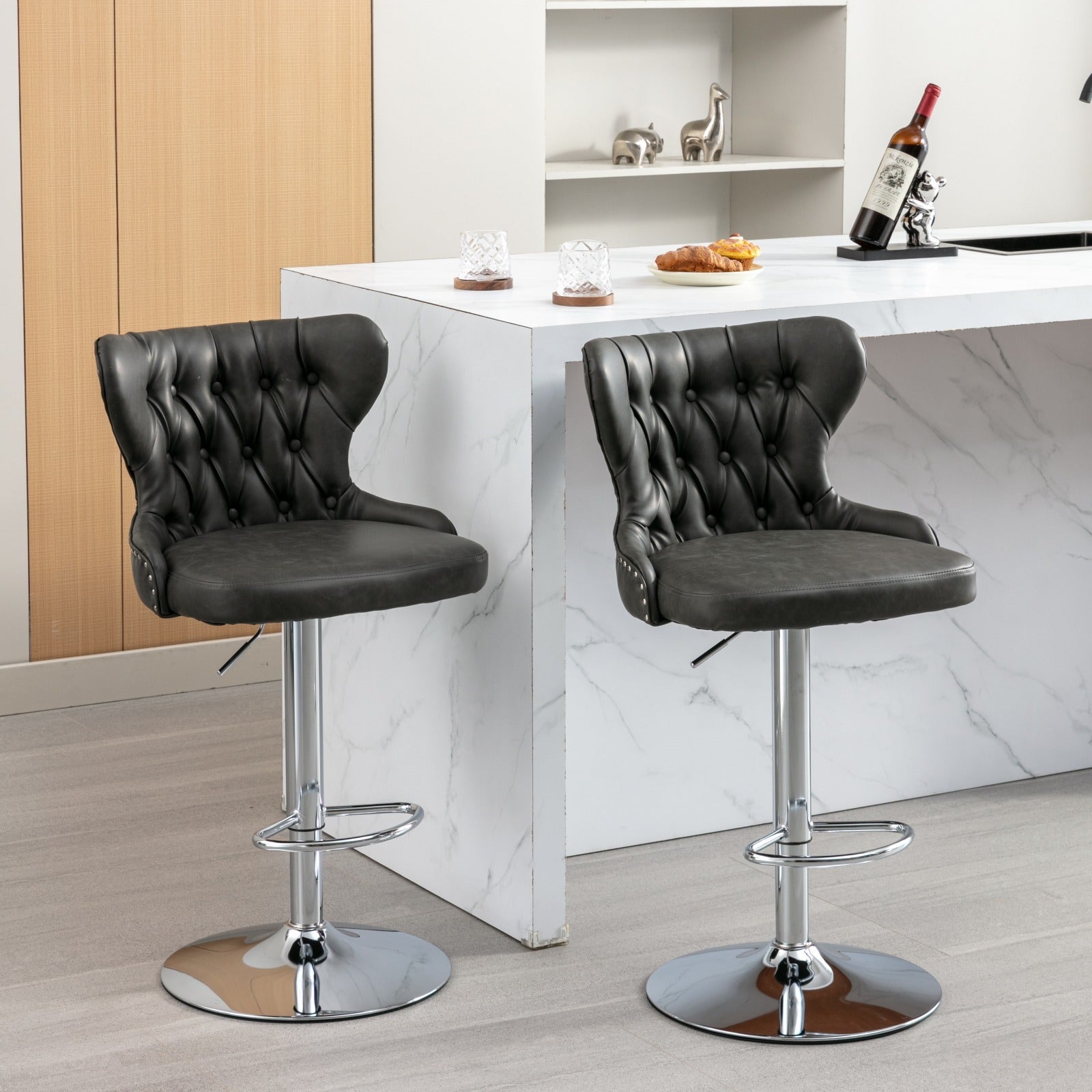 Swivel Pu Barstools Adjusatble Seat Height From 25 33 Inch, Modern Upholstered Chrome Base Bar Stools With Backs Comfortable Tufted For Home Pub And Kitchen Island,Olive Green, Sw1844Gy Gray Dining Room American Design Foam Pu Leather