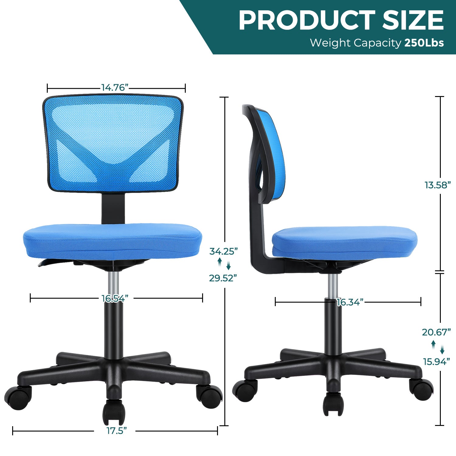 Sweetcrispy Armless Desk Chair Small Home Office Chair With Lumbar Support Blue Nylon Mesh