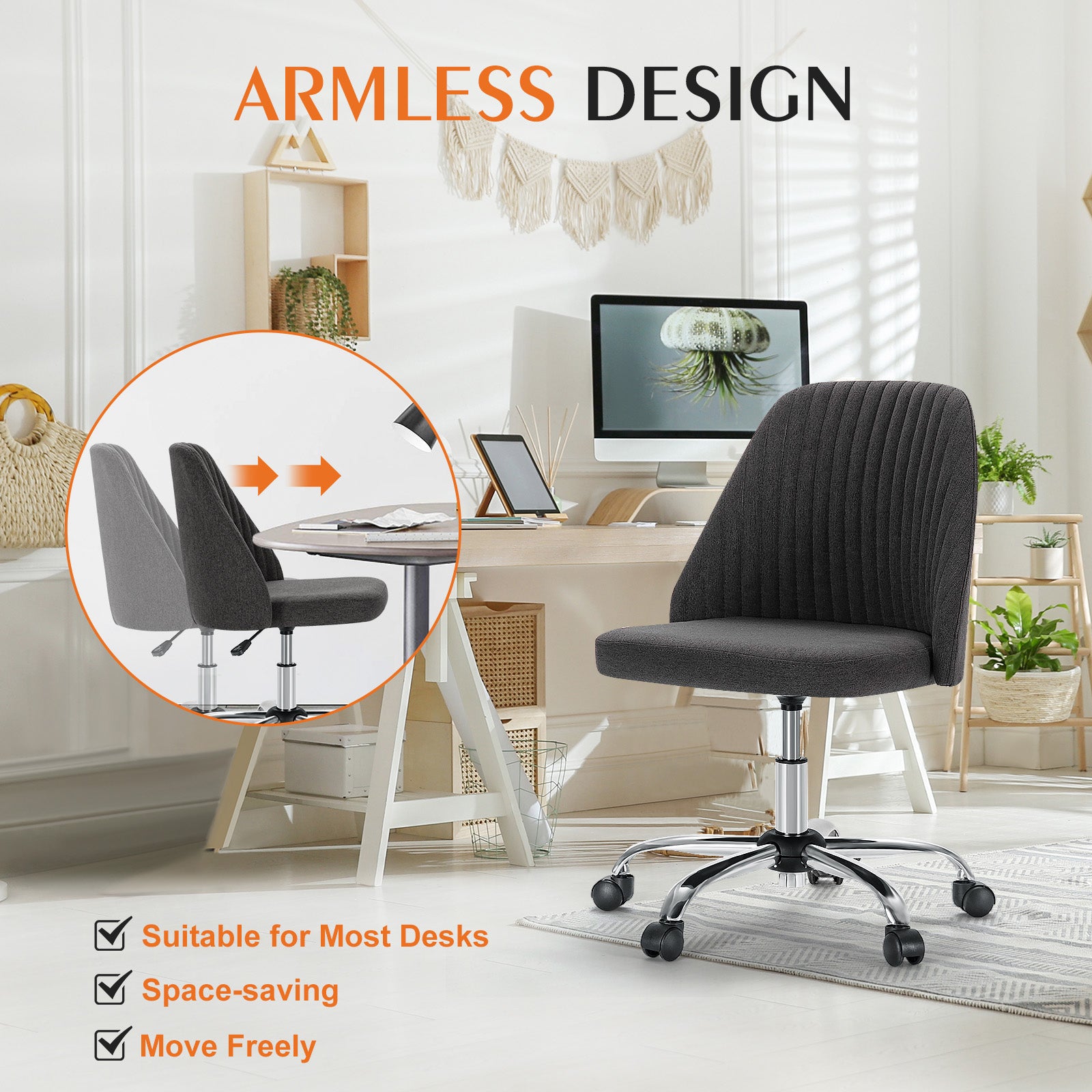 Sweetcrispy Armless Home Office Desk Chair With Wheels Adjustable Swivel Task Computer Vanity Chair For Small Spaces Dark Gray Fabric