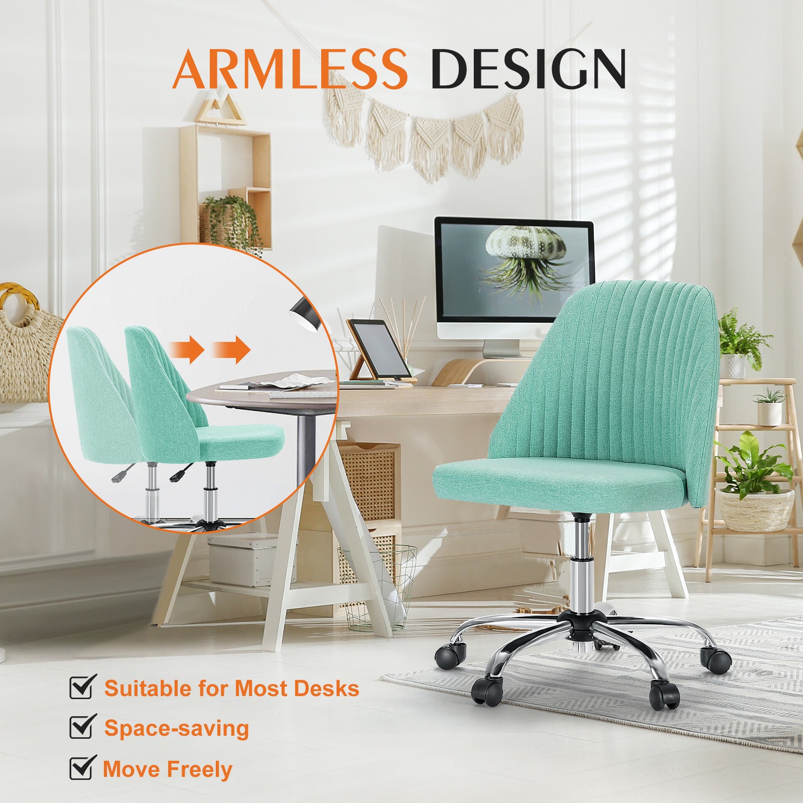 Sweetcrispy Armless Home Office Desk Chair With Wheels Adjustable Swivel Task Computer Vanity Chair For Small Spaces Green Fabric
