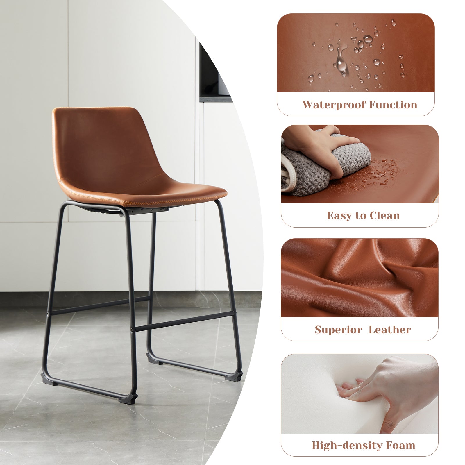 Sweetcrispy 26 Inch Counter Height Bar Stools Set Of 2 Leather Barstool With Back And Metal Leg Modern Bar Stools For Kitchen Island Pub Living Room Brown Pu