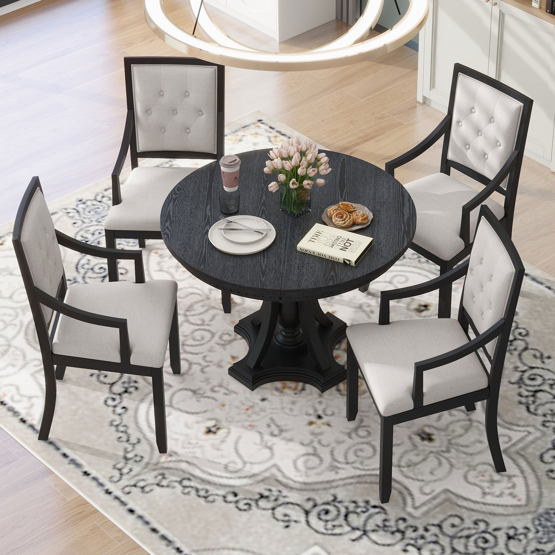 Retro 5 Piece Dining Set Extendable Round Table And 4 Chairs For Kitchen Dining Room Black Oak Black Mdf