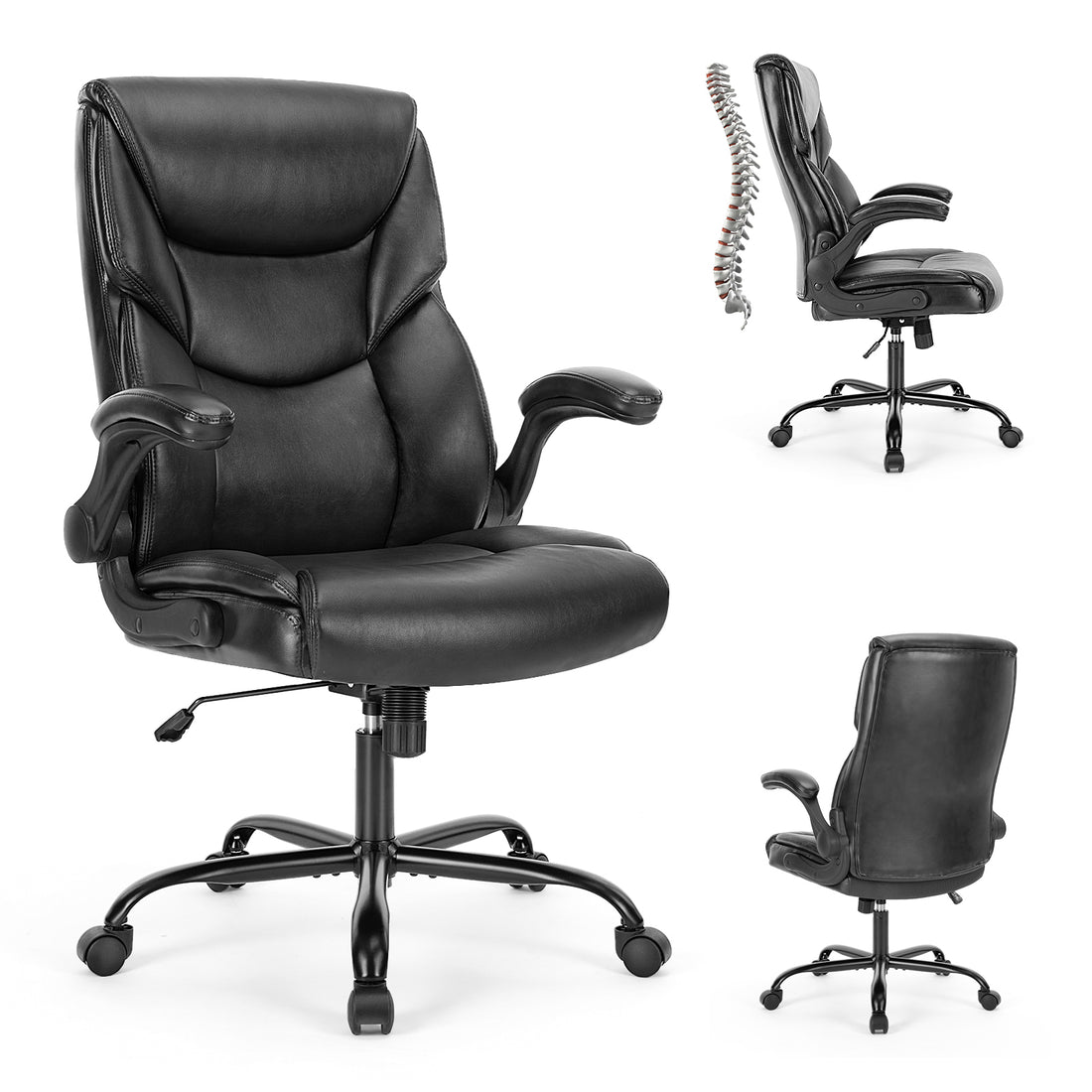 Sweetcrispy Executive Office Pu Leather Desk Chair High Back Flip Up Armrest Adjustable Ergonomic Home Office Chair Black Pu Leather